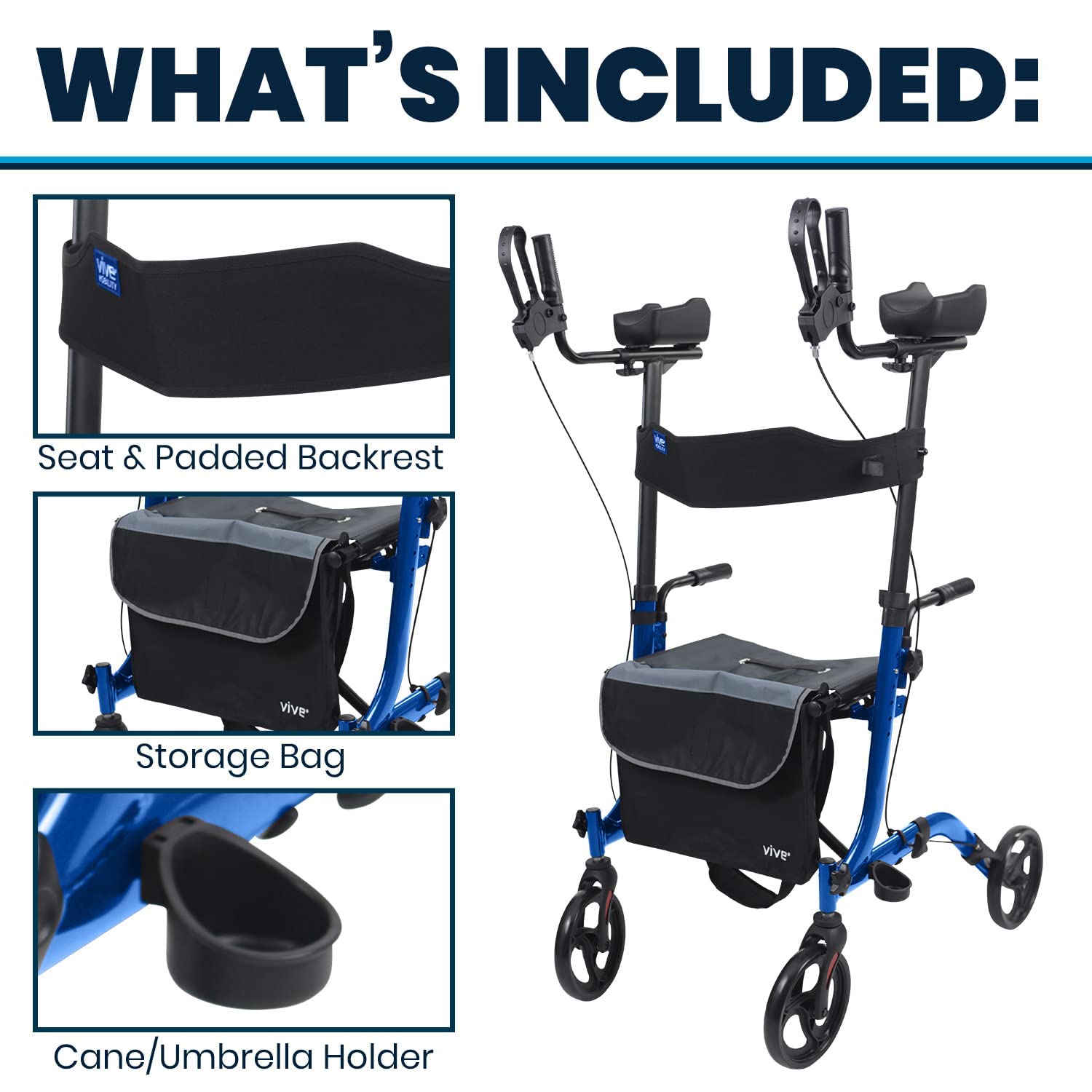 Vive Mobility Upright Walker with Seat, for Seniors, Women - Stand Up Rollator, Arm Rests, Heavy Duty, Folding Medical Aid Scooter for Elderly, Seniors - Walking Foldable Assist (Blue, Black Bag)