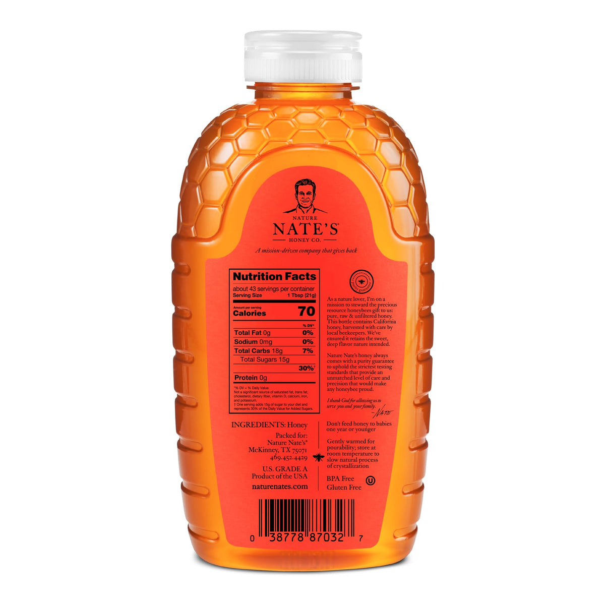 Nate's California 100% Pure, Raw & Unfiltered Honey - 32 oz. Squeeze Bottle - All-natural Sweetener