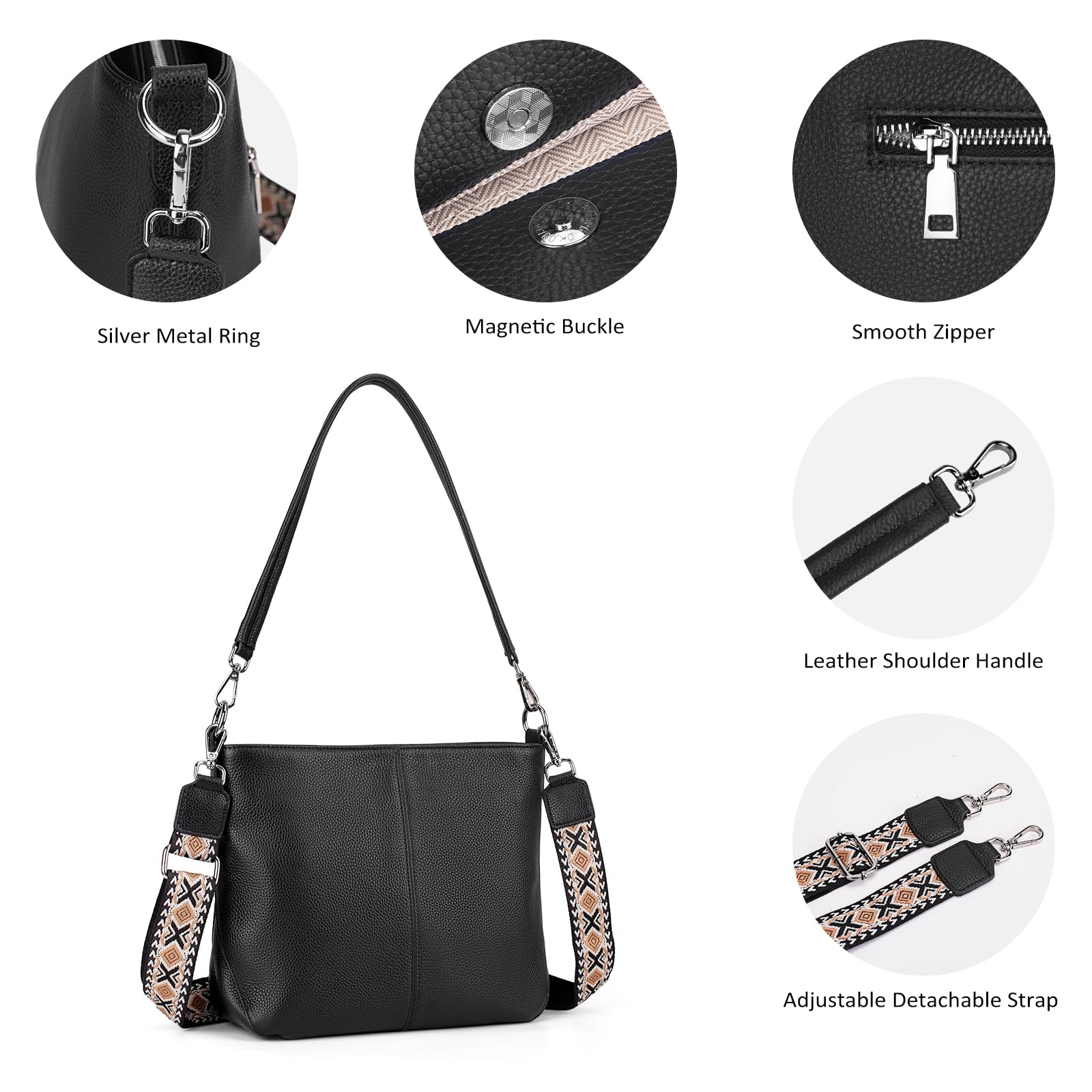 befen Genuine Leather Purse for Women, Black Leather Crossbody Bag Soft Hobo Purse Women's Shoulder Handbags with 2 Removable Straps Designer Cross Body Purses for Everyday & Travel & Work
