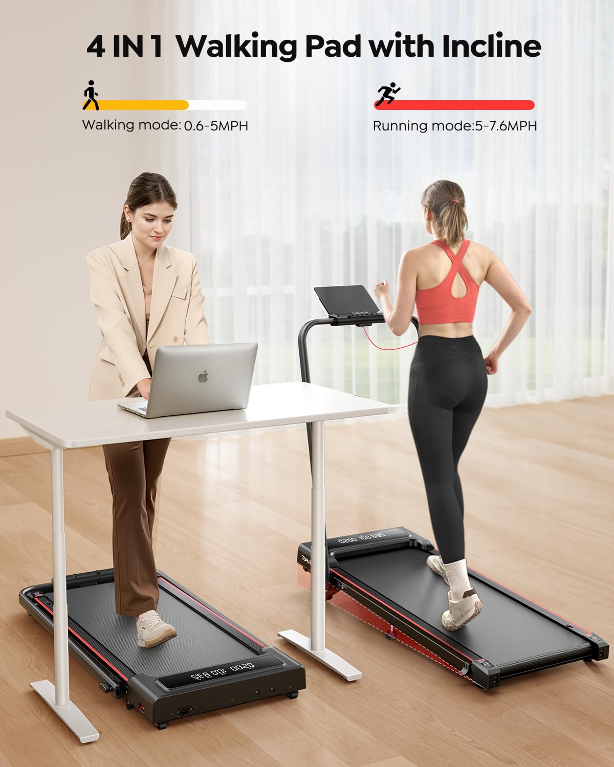 TOPUTURE 4 in 1 Walking Pad Treadmill with Incline and Handle, 2.5HP with Dual Display and Mute Control, Foldable Under Desk Treadmills for Home with App Bluetooth Folding Treadmill for Small Space