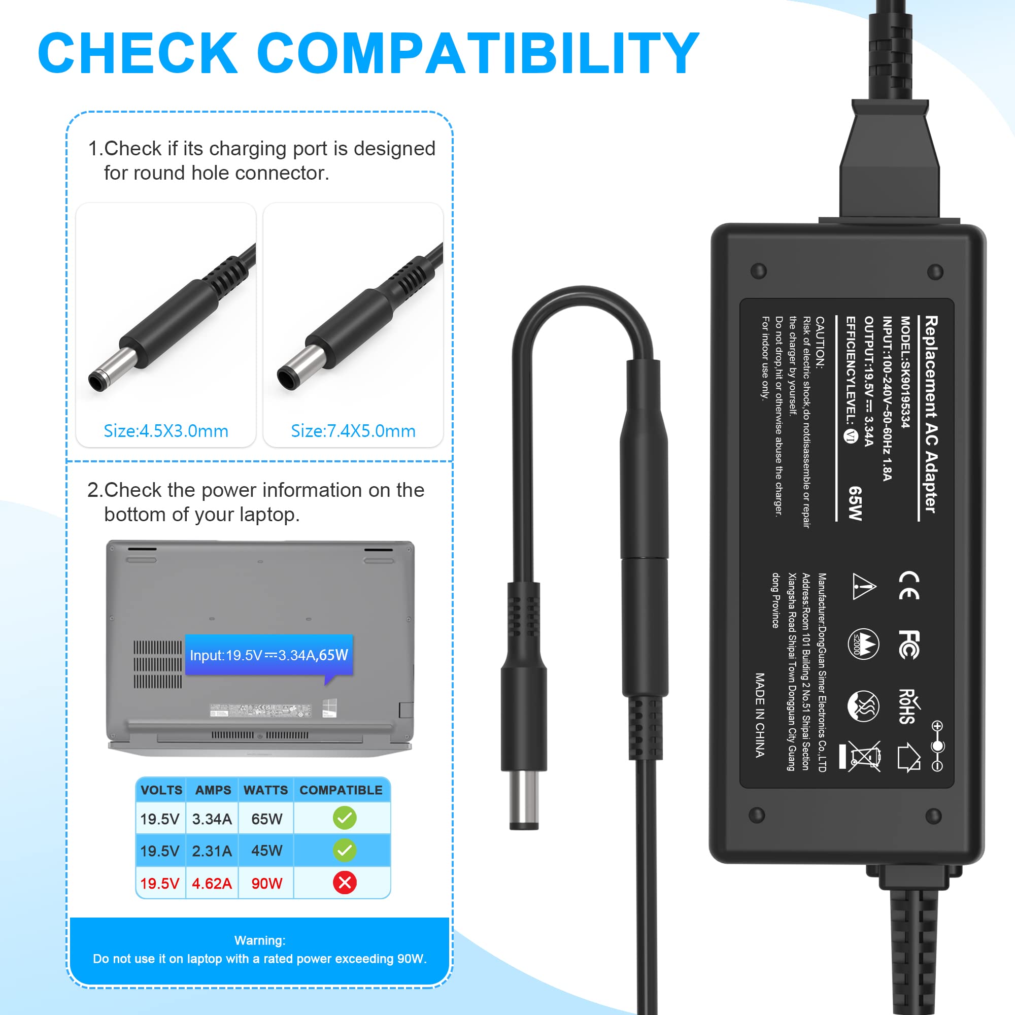 65W 45W 2 Tips Charger for Dell Laptop Charger,Replacement for All 65W 45W Dell inspiron 13 14 15 17 3000 5000 7000 Series laptops Round Connects Chargers(7.4mm and 4.5mm)