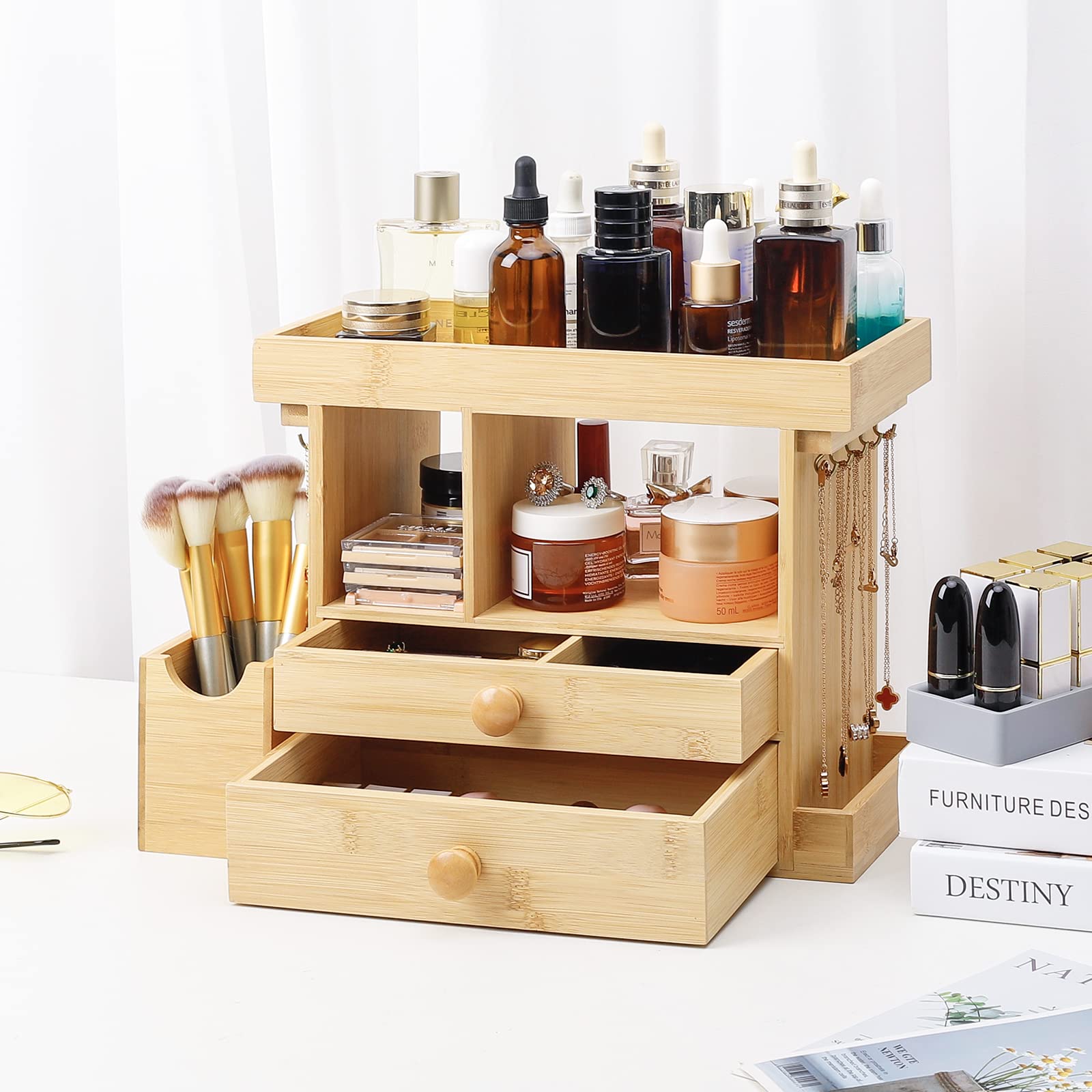 Homde Bamboo Makeup Organizer Cosmetic Jewelry Storage Organizer Multi-Function Make up Box Stand for Vanity, Desk, Bathroom, Bedroom with Hooks,Drawer,Silicone Lipstick Holder