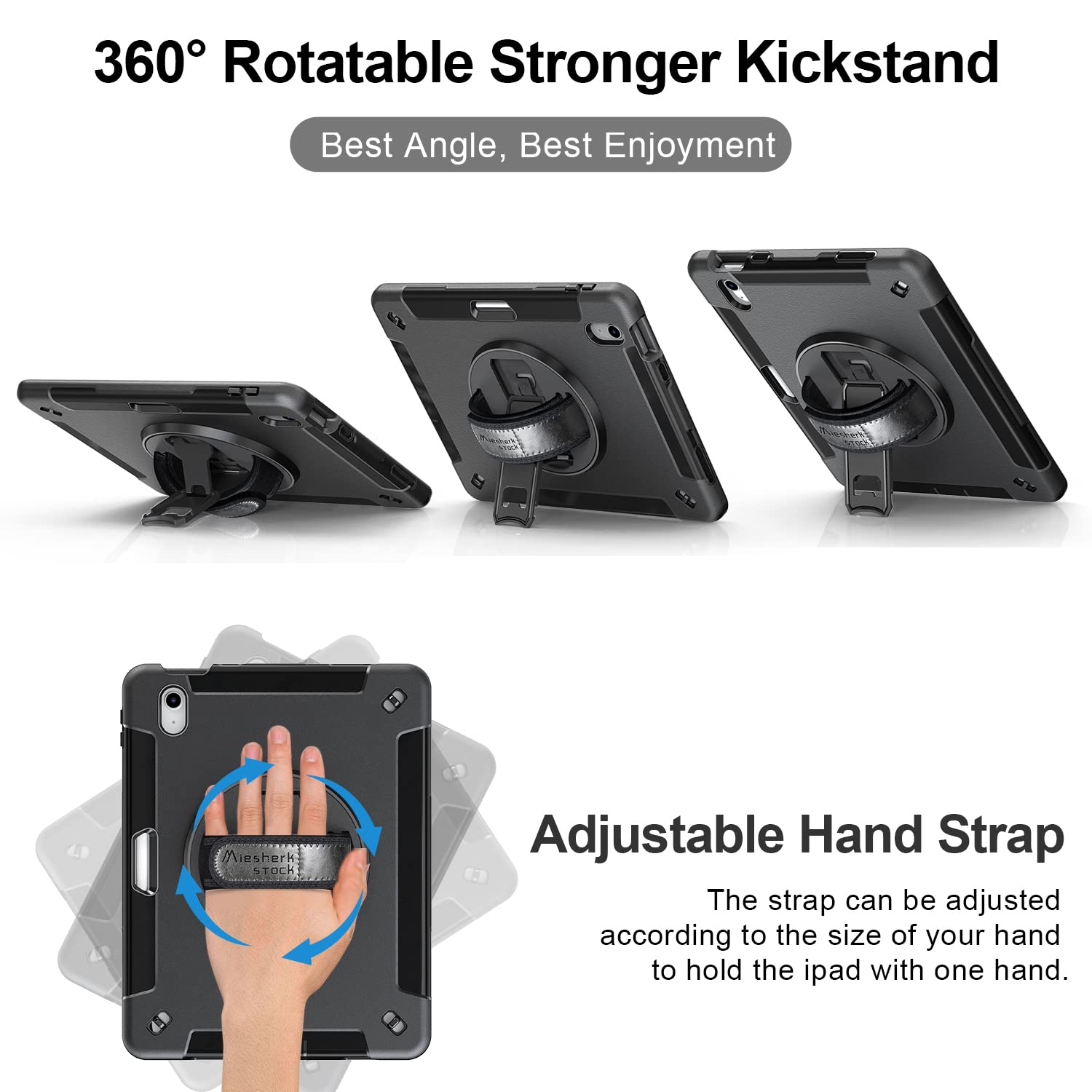 Case for iPad 10th Generation 2022:Miesherk Stock Military Grade Shockproof Rugged Case for iPad 10th Gen 10.9'' W/Screen Protector,Rotate Stand,Handle,Shoulder Strap,Pen Holder (Black)