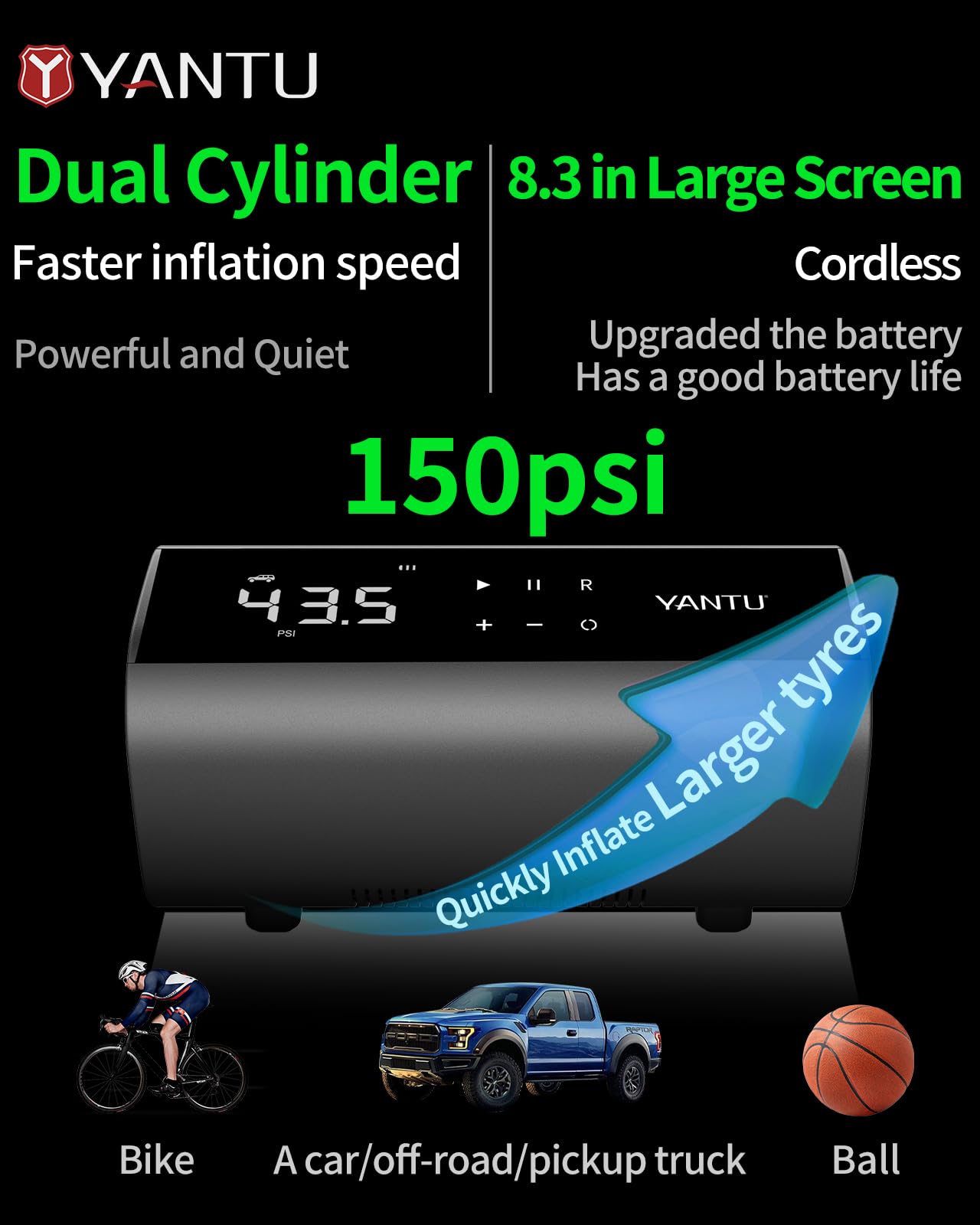 YANTU Dual Cylinder Tire Inflator Portable Air Compressor With 8.3-Inch Large Digital Screen,12V Cordless/battery powered Car Air Pump For Car Tires,Electric Auto Shut Off for Truck/Bike/Pickup/Moto