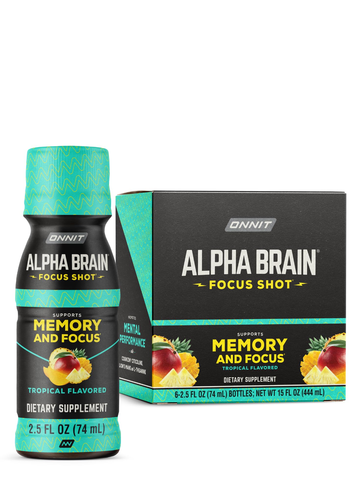 Onnit Alpha BRAIN Focus Energy Shot Supplement - Energy, Focus, Mood, Stress, Brain Booster Drink - Tropical (2.5 fl oz, 6 ct)