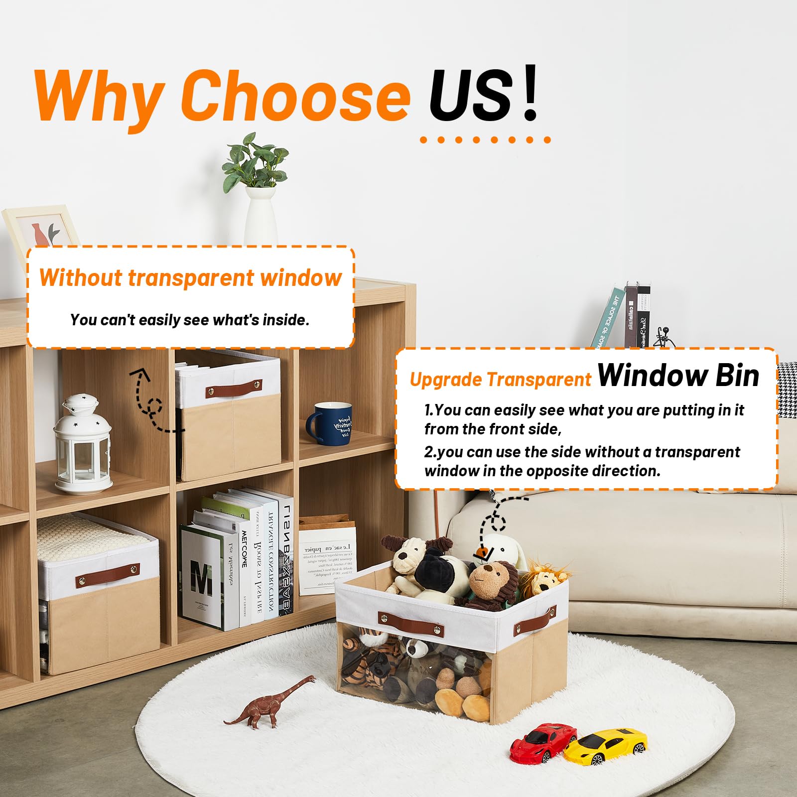 HNZIGE Large Storage Bins with Clear Window, Collapsible Fabric Storage Bins 3 Pack, Linen Closet Organizers for Clothes Shelves, Foldable Storage Baskets for Organizing Toy(White Beige 15 x 11 x 9.5)