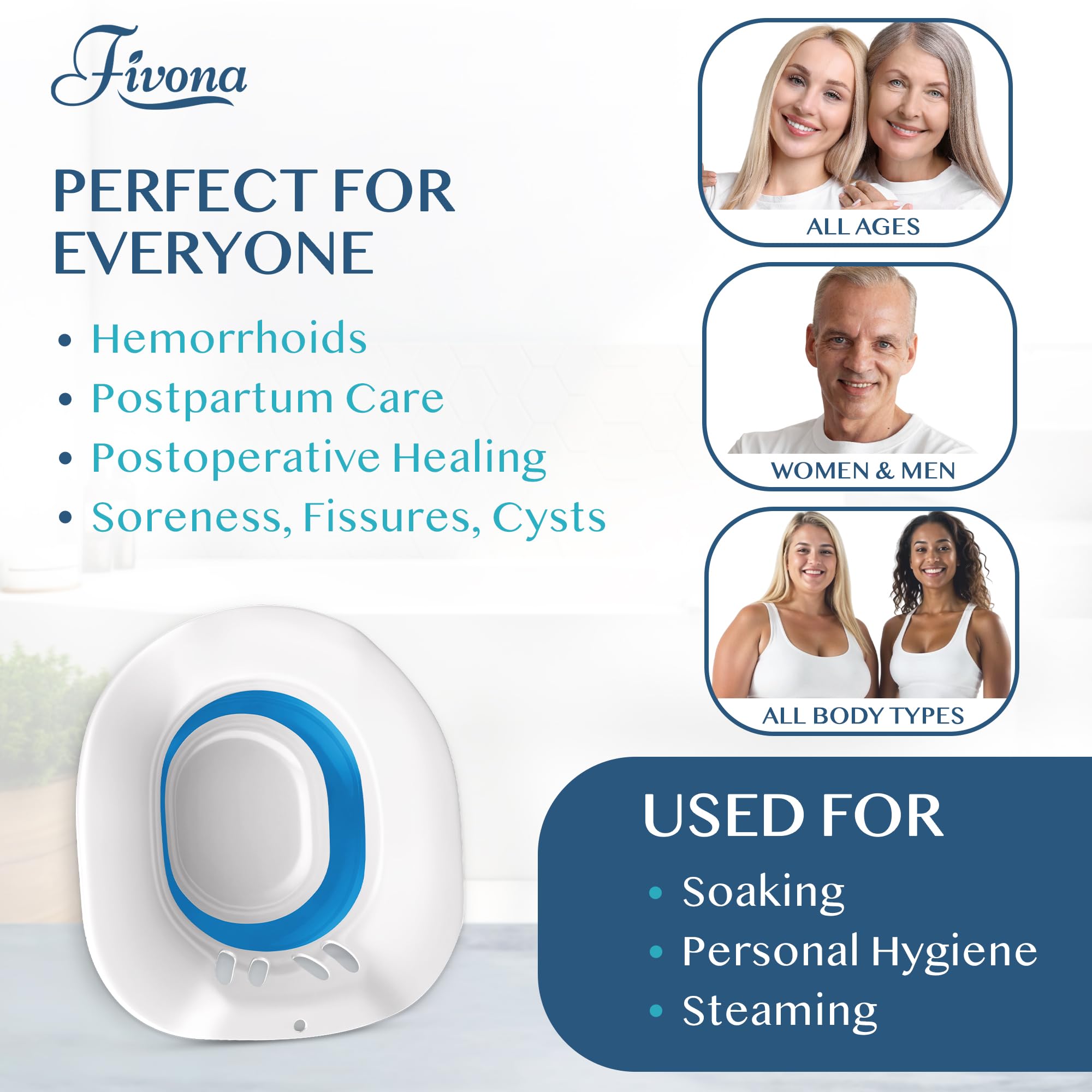 Fivona Sitz Bath for Toilet Seat Postpartum and Hemorrhoids Care - Yoni Steam Seat - Foldable Basin for Epsom Salt Soak - Portable Bidet BPA Free Temperature Resistant - Universal Fit