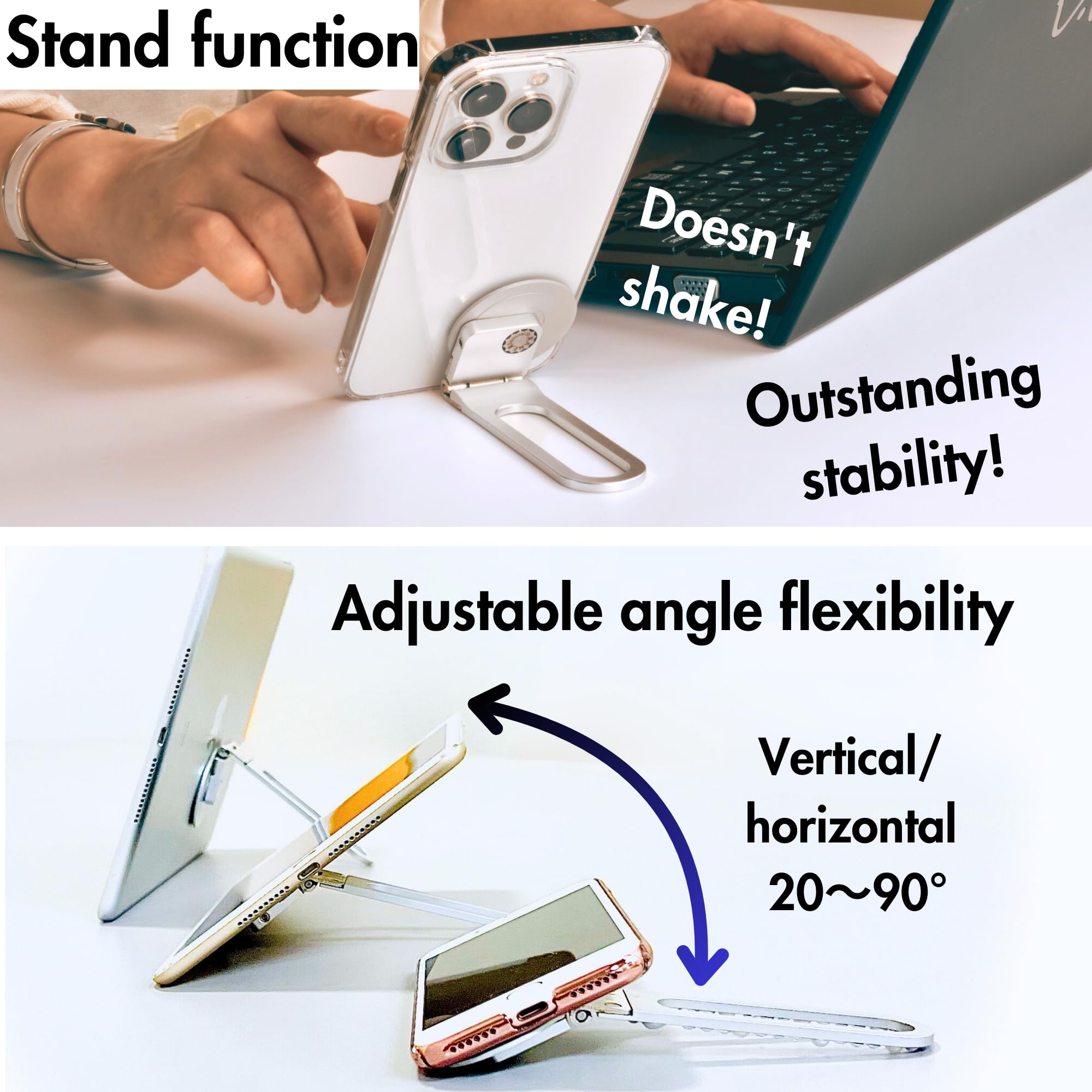 Pep Bar Cell Phone Stand Compatible with MagSafe® Charger 360° Rotation 180°flip Metal Foldable Compact Selfie Stick Grip Ring iPhone Android iPad Tablet (Matte White Sliver) Made in Japan
