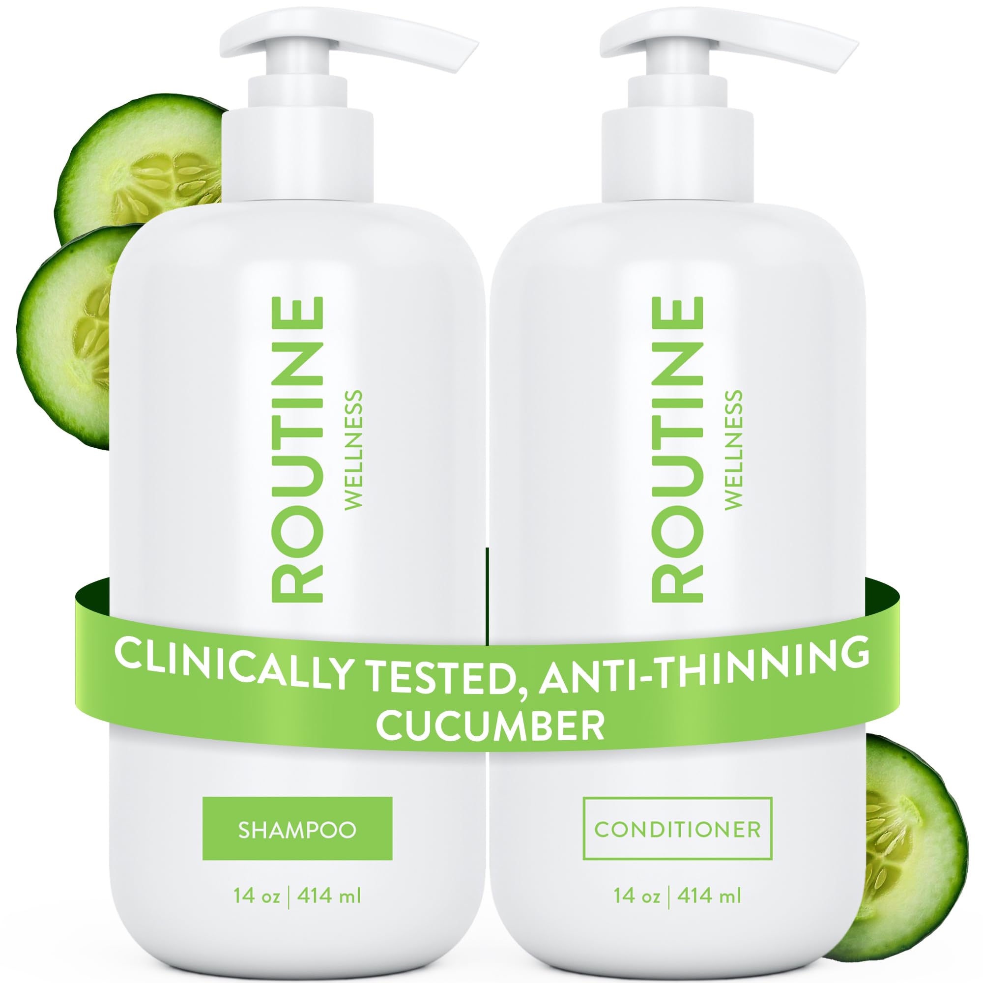 Routine Wellness Anti-Thinning Shampoo and Conditioner Set for Thinning Hair - Biotin DHT Blocker Women & Men - Color Safe Shampoo for Hair Loss & Healthier Hair - Cucumber Set