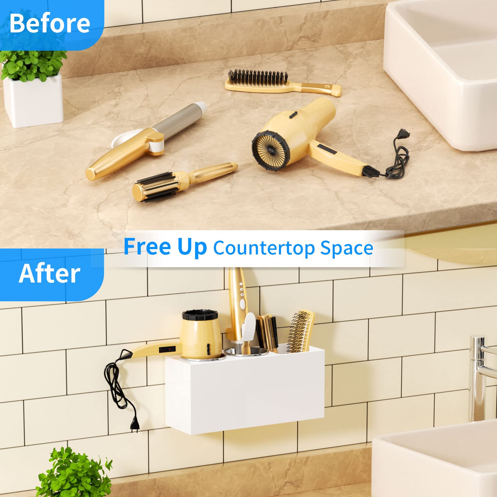 NIUBEE Wall Mount Hair Styling Tool Organizer - Bathroom Cabinet Holder for Blow Dryers, Flat Irons, Curling Irons - White