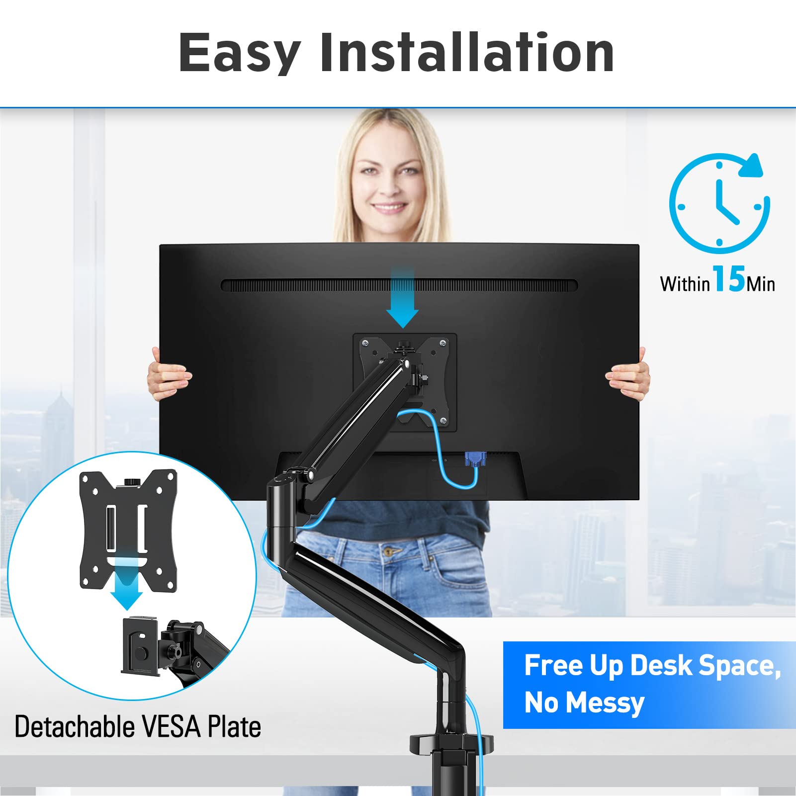 MOUNTUP Ultrawide Single Monitor Arm for Max 35 Inch Screen, Heavy Duty Monitor Desk Mount Support 6.6-30.9lbs, Gas Spring Computer Monitor Stand for Desk, VESA Monitor Mount with Clamp & Grommet Base