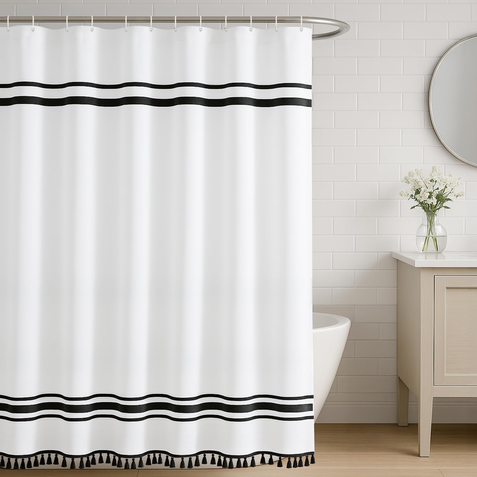 Seasonwood Black and White Shower Curtain Farmhouse Shower Curtain Striped Shower Curtains for Bathroom Sets Boho Shower Curtains with Tassels Modern Bathroom Curtains Decor Waterproof Fabric 72"x72"