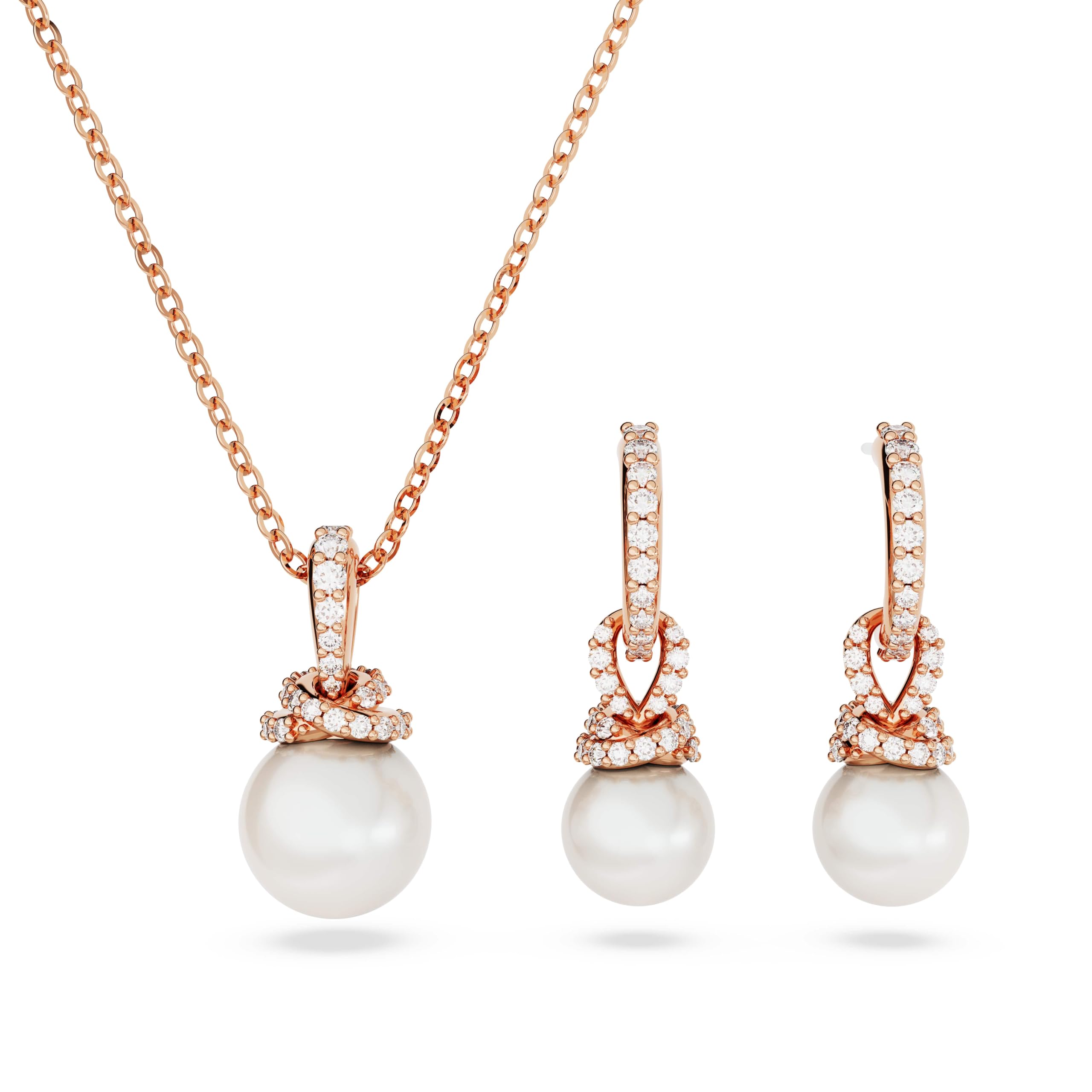 Swarovski Originally Earring and Necklace Set, Clear Stones and Pearls in a Rose Gold-Tone Finished Setting, Part of the Originally Collection