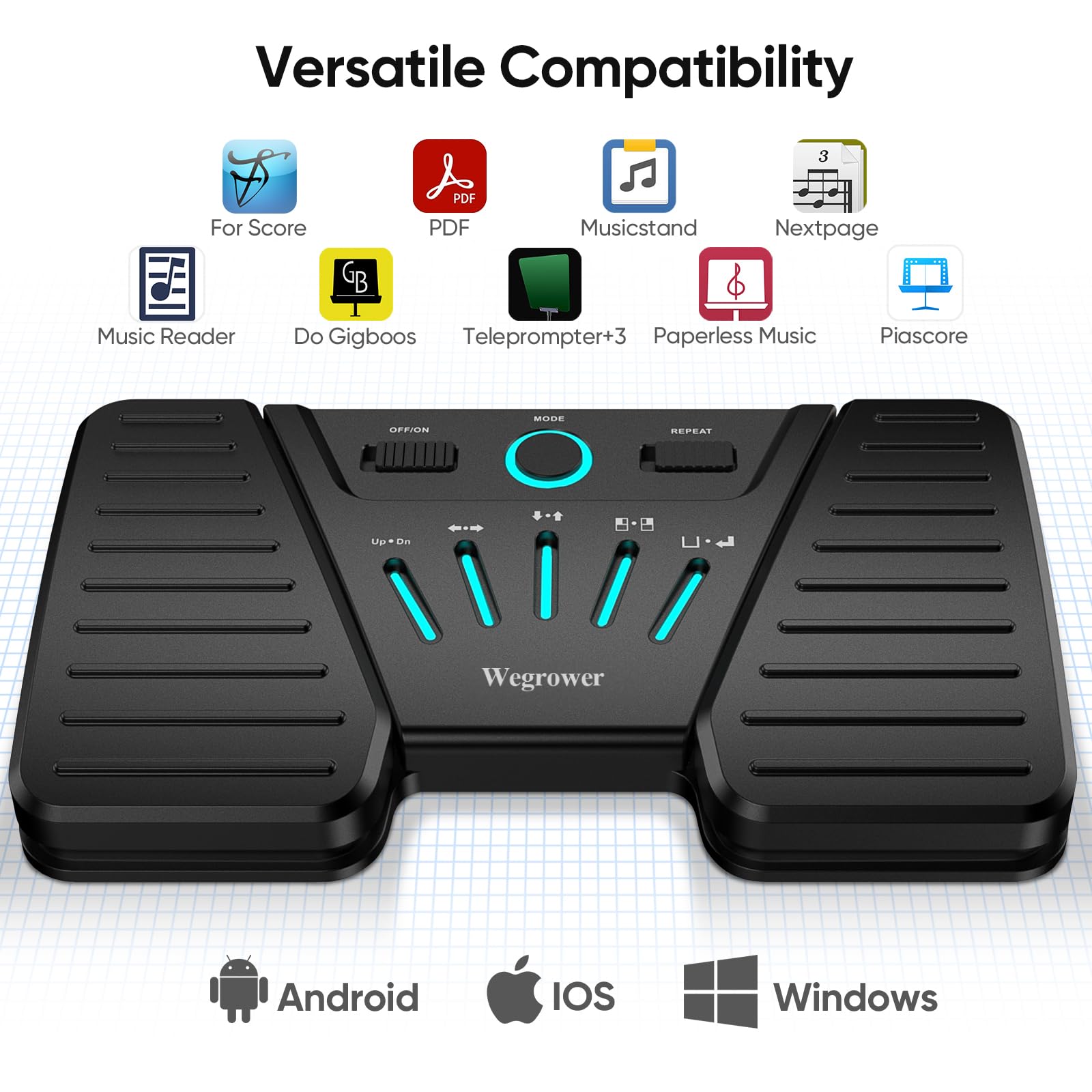 Wegrower Wireless Page Turner Pedal for Musical Instruments๏ผPortable Bluetooth Foot Pedal, Silent Rechargeable Music Page Turner with Anti-Slip Rubber for iPad, Tablets, Phone