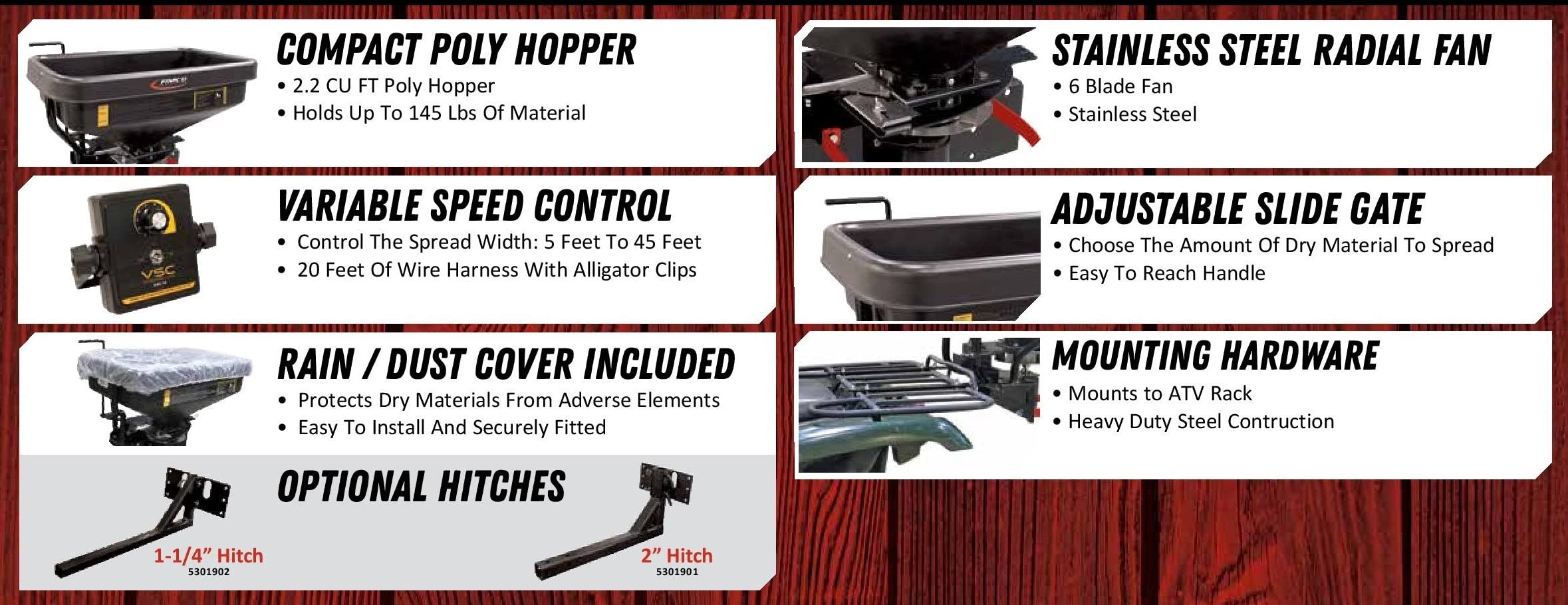 FIMCO 5301845 ATV Dry Material Spreader for Distribution & Broadcast, 12V, Polymer Hopper, 145 lbs
