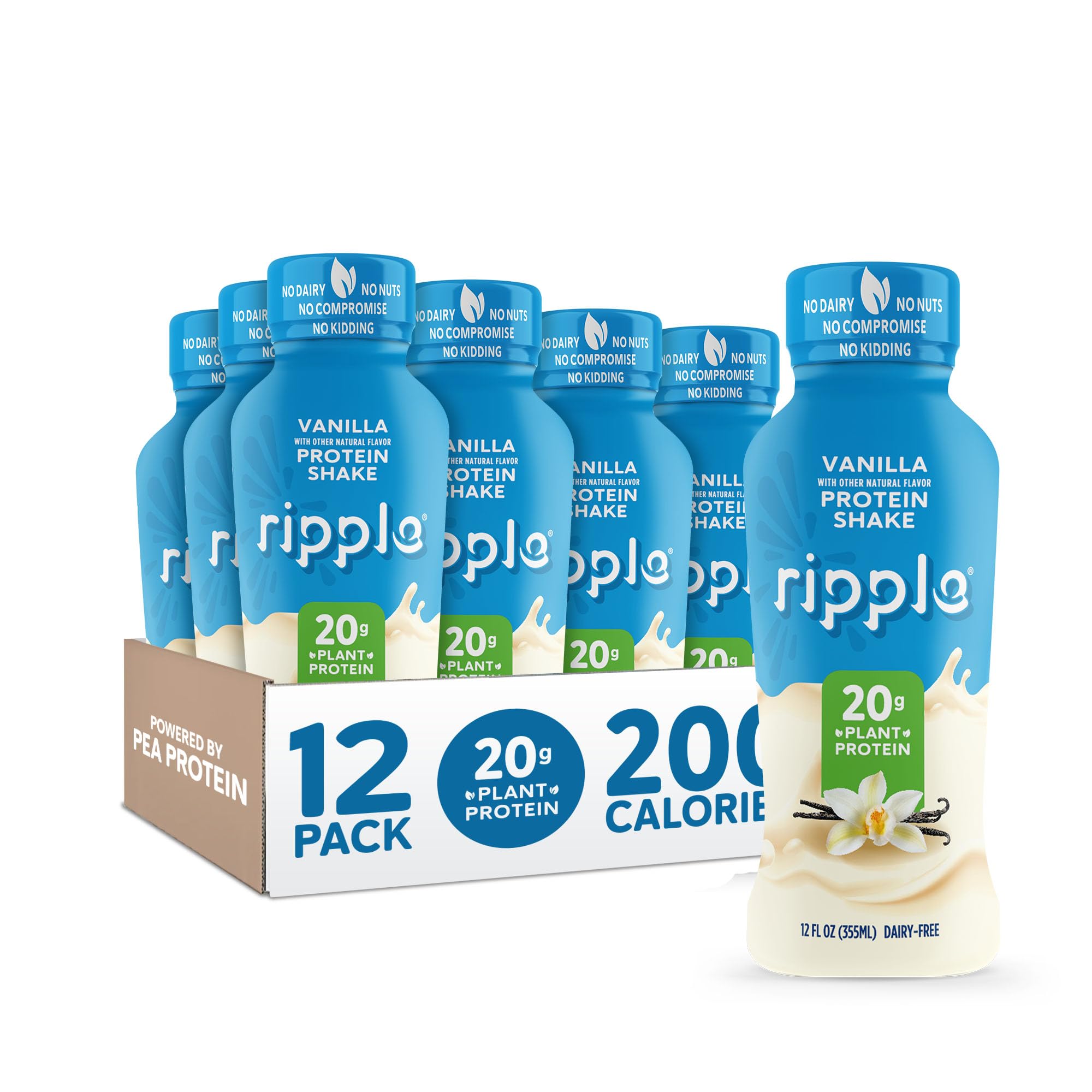 Ripple Vegan Protein Shake | Vanilla | 20g Nutritious Plant Based Pea Protein | Shelf Stable | No GMOs, Soy, Nut, Gluten, Lactose | 12 Oz, 12 Pack