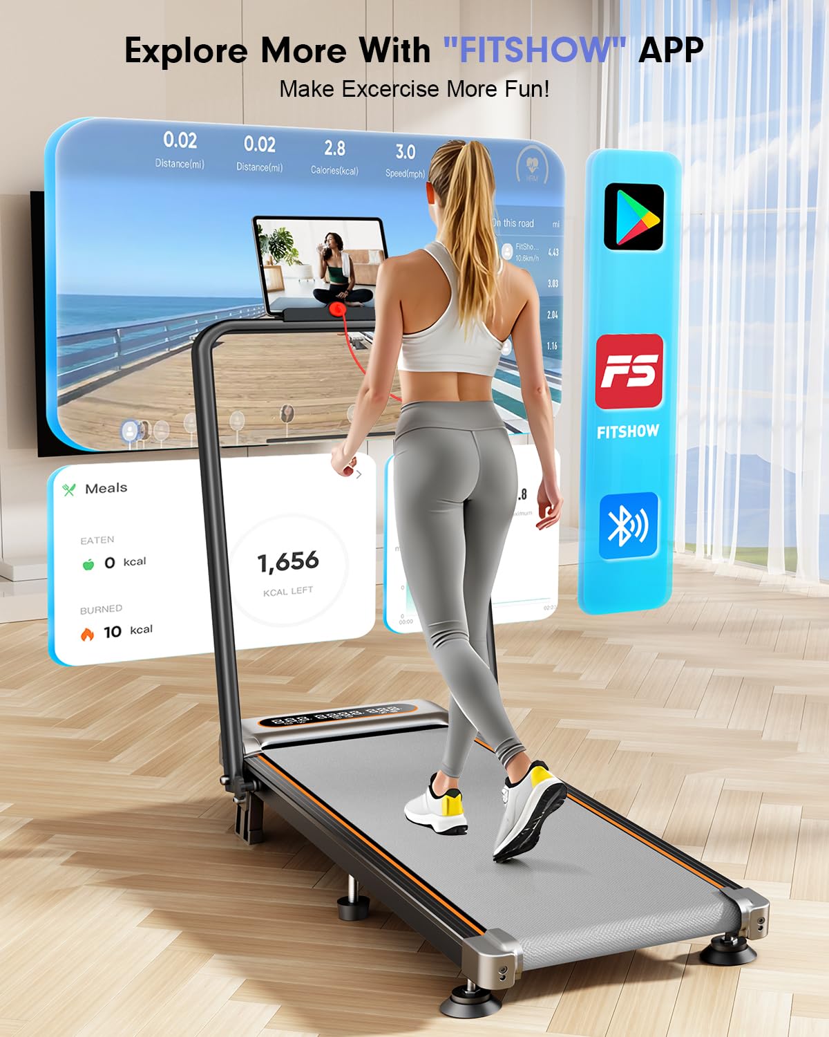 Foldable Treadmill with 10% Incline, 3.5HP Low Noise Walking Pad Treadmill with Handle Bar, Trisomy 4 in 1 Portable Under Desk Treadmills for Home/Office, 330 Lbs Capacity, APP & Remote Control