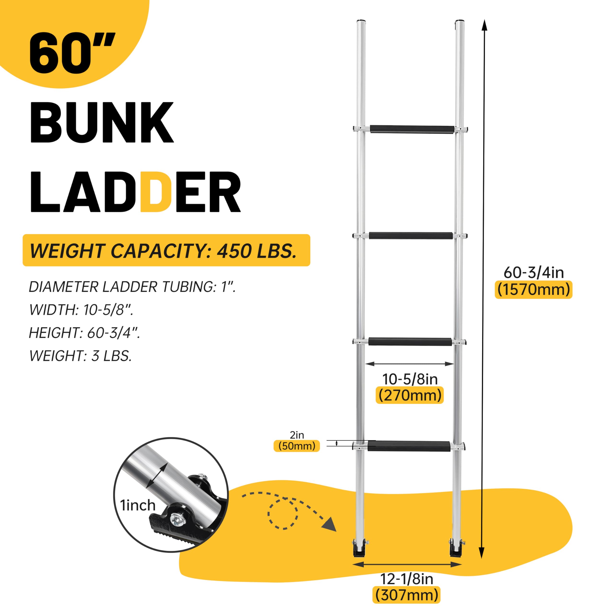KUAFU 60'' Bunk Ladder Compatible with RV W/Hook and Rubber Foot Pads Aluminum Anti-Slip Bunk Bed Dorm Loft Home Appartments Ladder Lightweight and Sturdy Design for Safe Climbing 450LBS