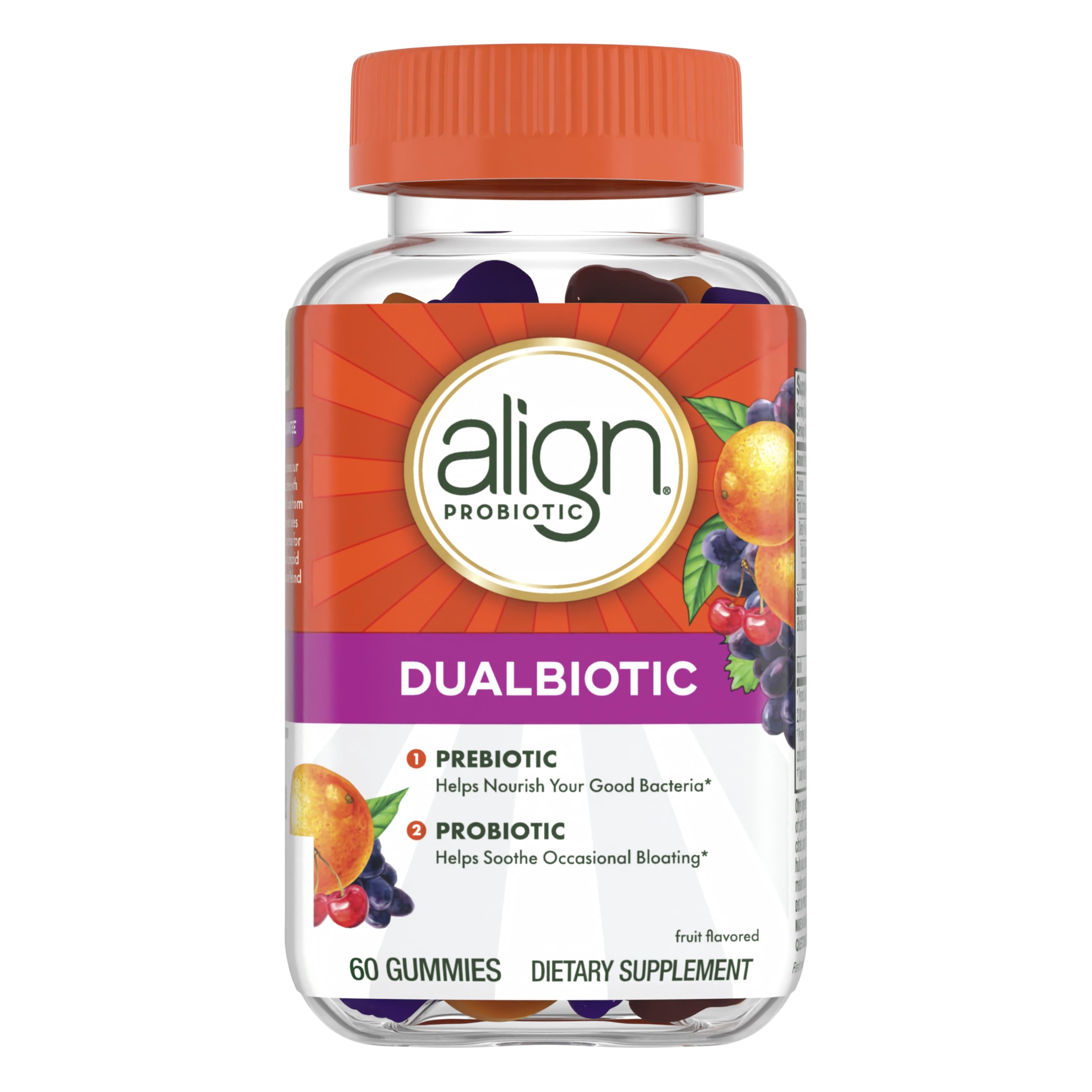 Align Dualbiotic, Prebiotics and Probiotics for Women and Men, Probiotics for Digestive Health, Prebiotics Help Nourish Good Bacteria, Natural Fruit Flavors, 60 Probiotic Gummies