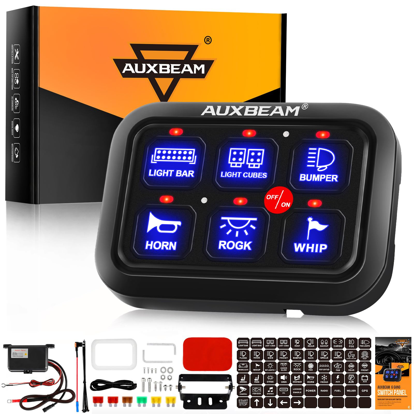 Auxbeam 6 Gang Switch Panel BC60, Universal Circuit Control Relay System Box with Automatic Dimmable On-Off LED Switch Pod Touch Switch Box for Car Pickup Truck UTV ATV Boat, 2 Years Warranty, Blue
