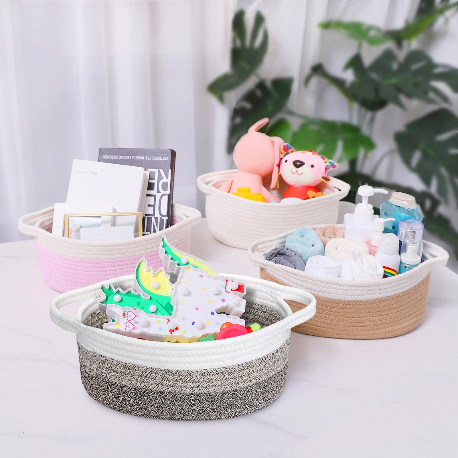 ABenkle Small Woven Basket, 12"x 8" x 5" Cute Small Basket, Rope Room Shelf Storage Basket, Cat Dog Toys Basket Chest Box, Empty Decorative Gift Basket with Handles - White & Mixed Brown & Dark Brown