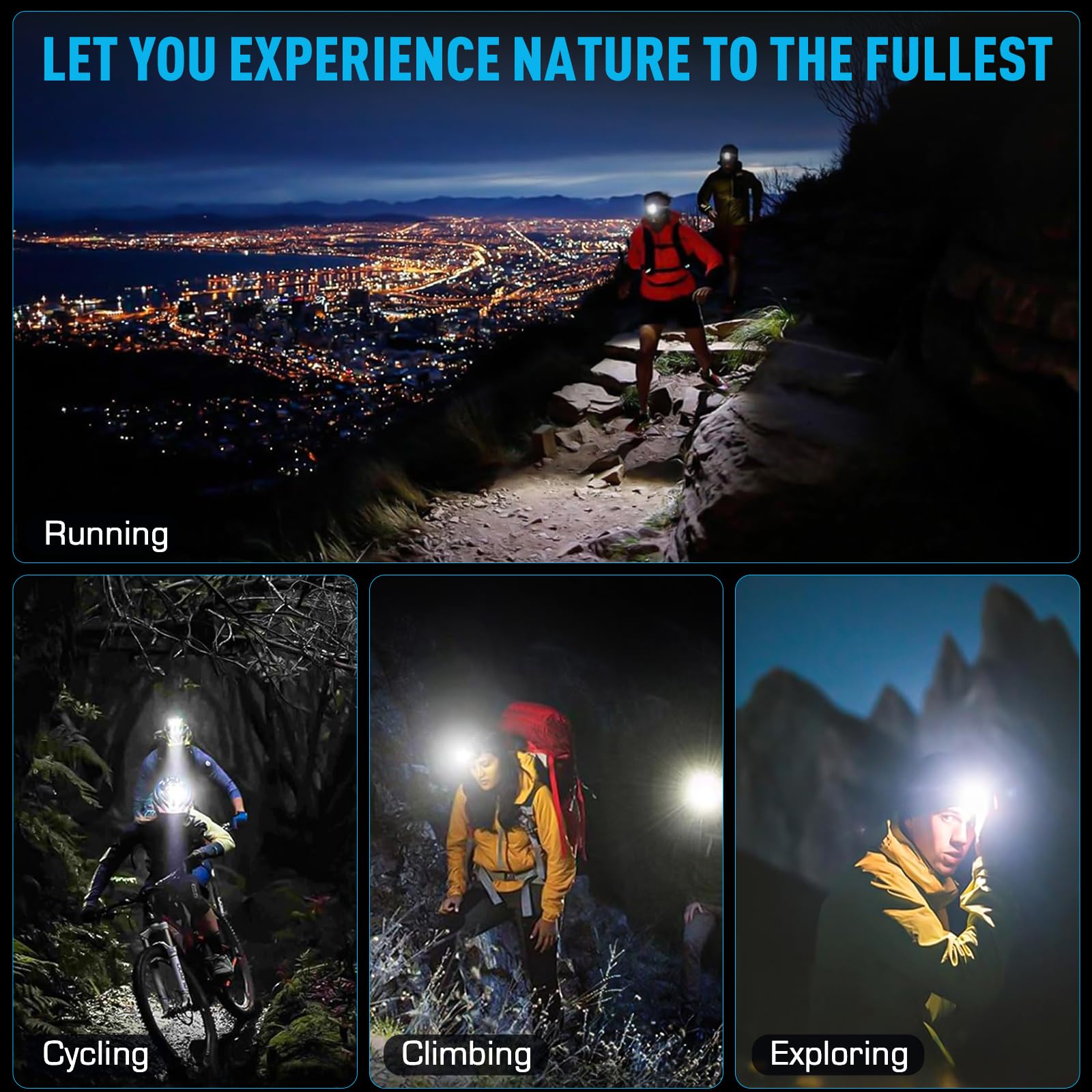 AMAKER LED Rechargeable Headlamp, 900000 Lumens Super Bright with 5 Modes & IPX7 Level Waterproof USB Rechargeable Zoom Headlight, 90° Adjustable for Outdoor Camping, Running, Cycling, Climbing