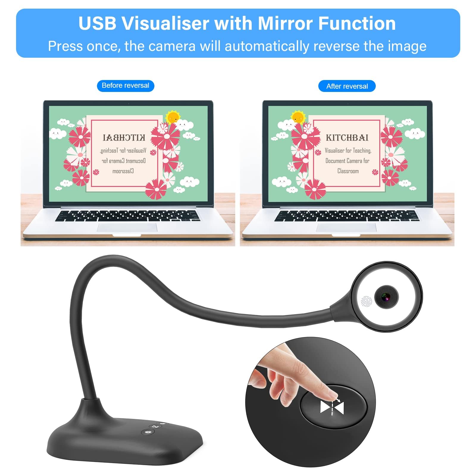 kitchbai Document Camera for Teachers, Webcam and Overhead Camera for Classroom with Mic, LED Lights, Image Invert, Fold for Mac OS, Windows, Zoom, OBS Work with Distance Learning/Teaching, Live Demo