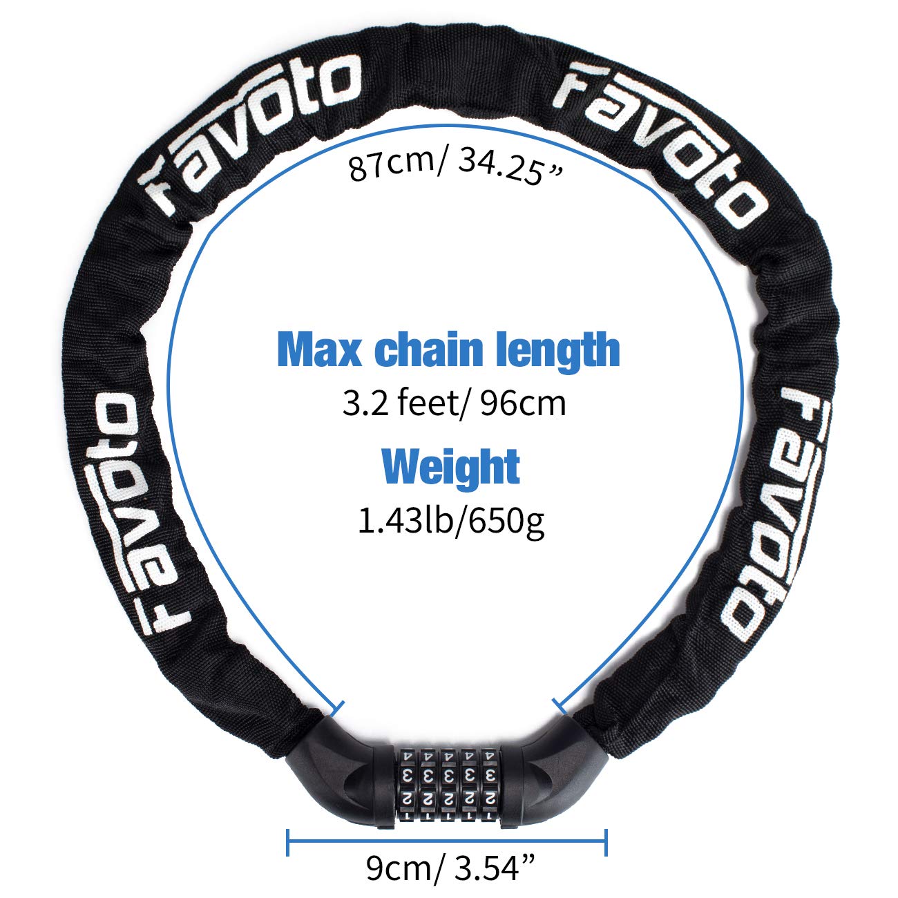 Favoto Bike Chain Lock, 5 Digit Combination Anti-Theft Bicycle Lock, 3.3 feet Long Security Resettable Heady Duty Hardened Steel, Ideal for Outdoor Motorcycle E-bike Bikes Gate Fence Ladder Lawn Mower