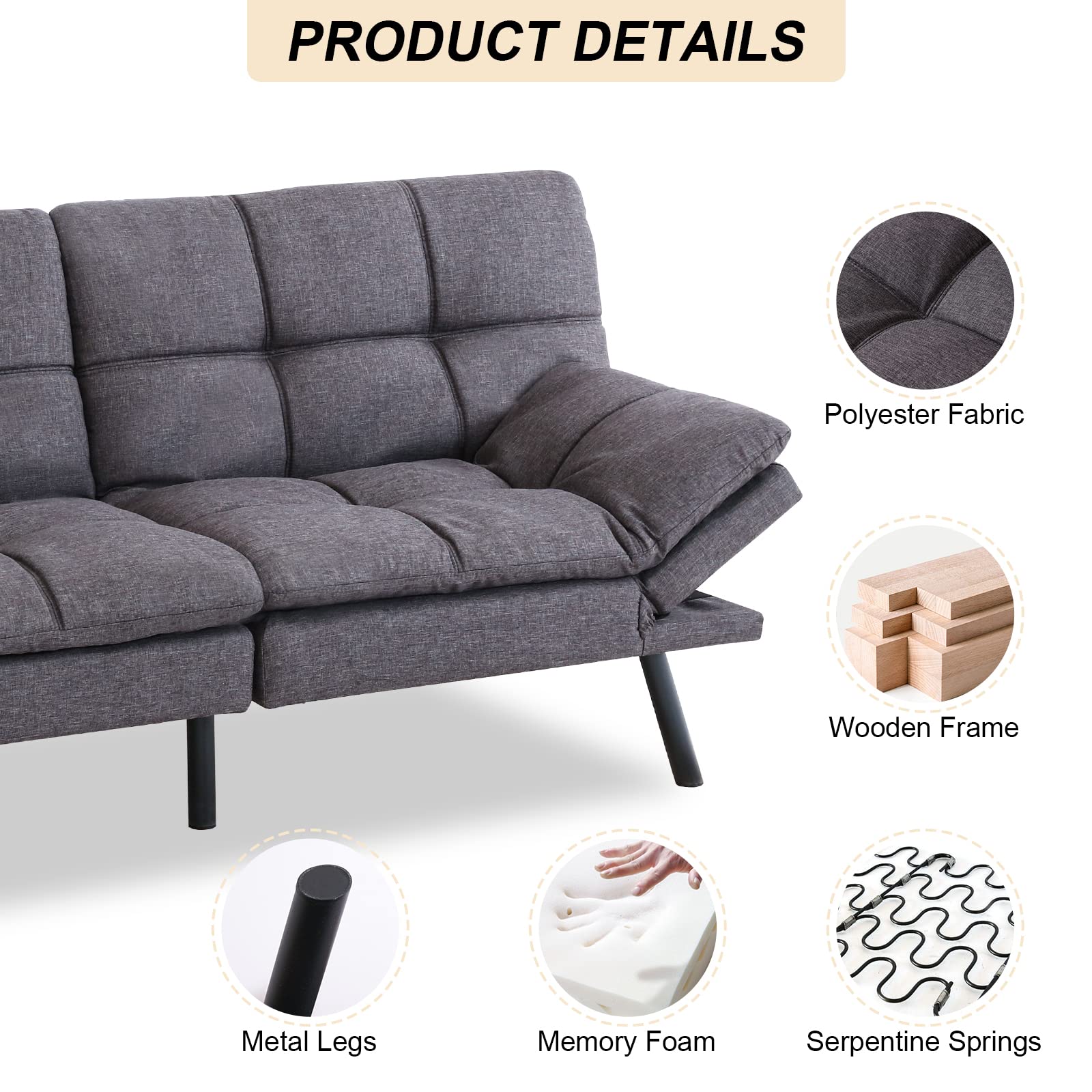Opoiar Futon Sofa Bed Memory Foam Couch Bed Loveseats Convertible Modern Futon Couch Small Sleeper Sofa with Arm Rest, Metal Legs, Grey Futons for Small Space