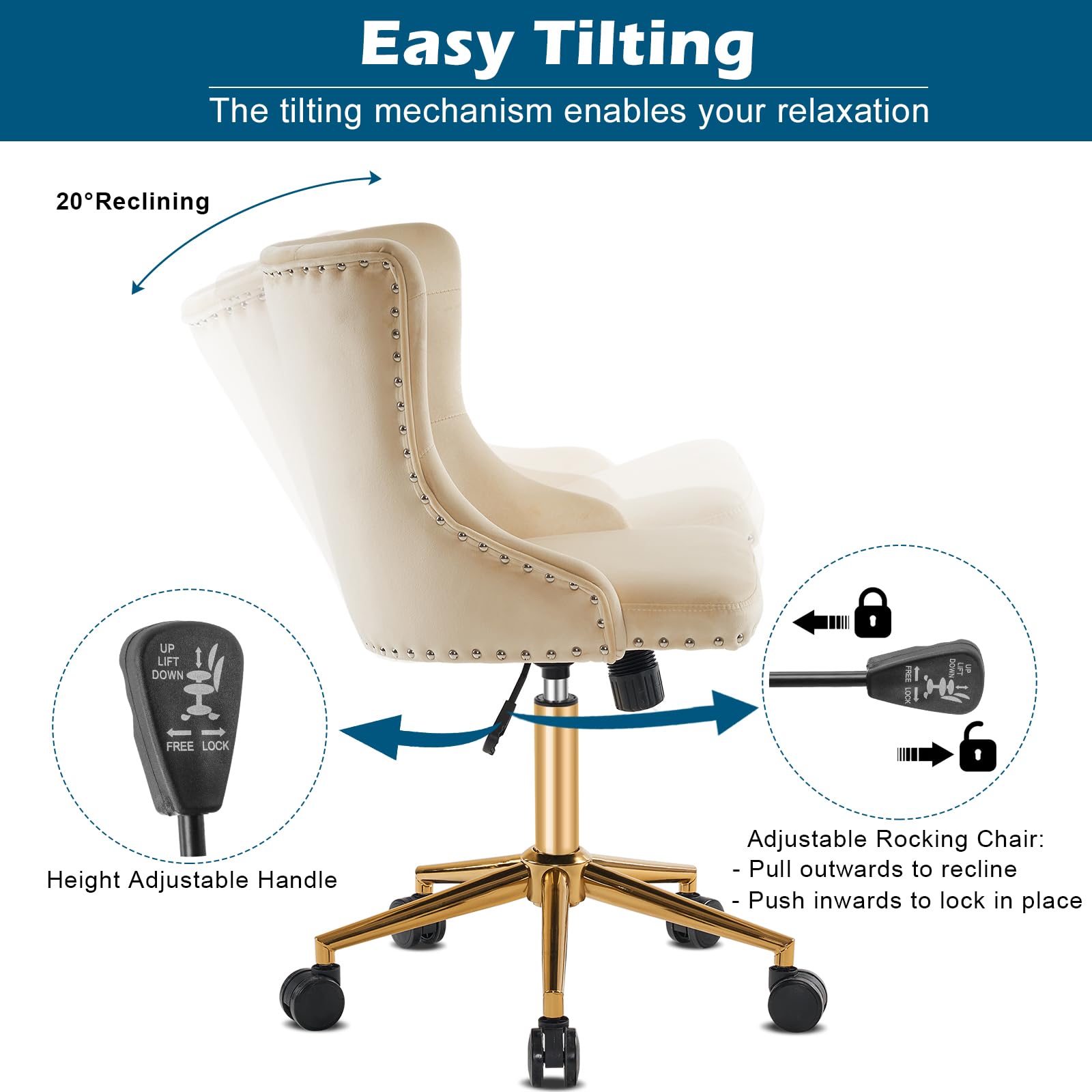 VINGLI Beige Velvet Armless Home Office Desk Chair with Gold Base/Wheels, Small Cute Vanity/Makeup Chair with Back for Bedroom, Upholstered Adjustable Rolling Swivel Nail Chair for Women/Girls