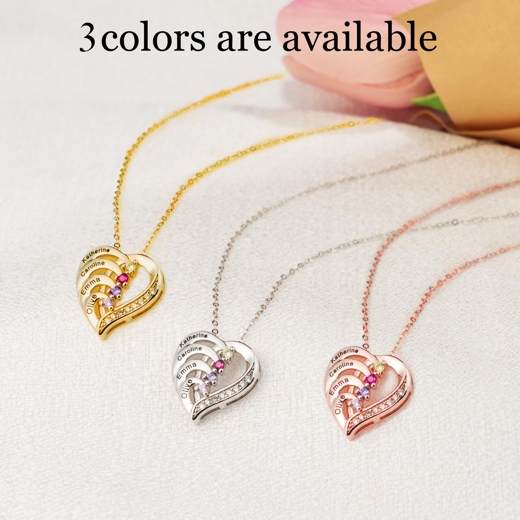 Easycosy Personalized 4 Names Necklace with Simulated Birthstones Custom Promise Necklace Heart Pendant with Engraved Names - Anniversary Birthday Christmas Jewelry Gifts for Women Mom Grandma Wife