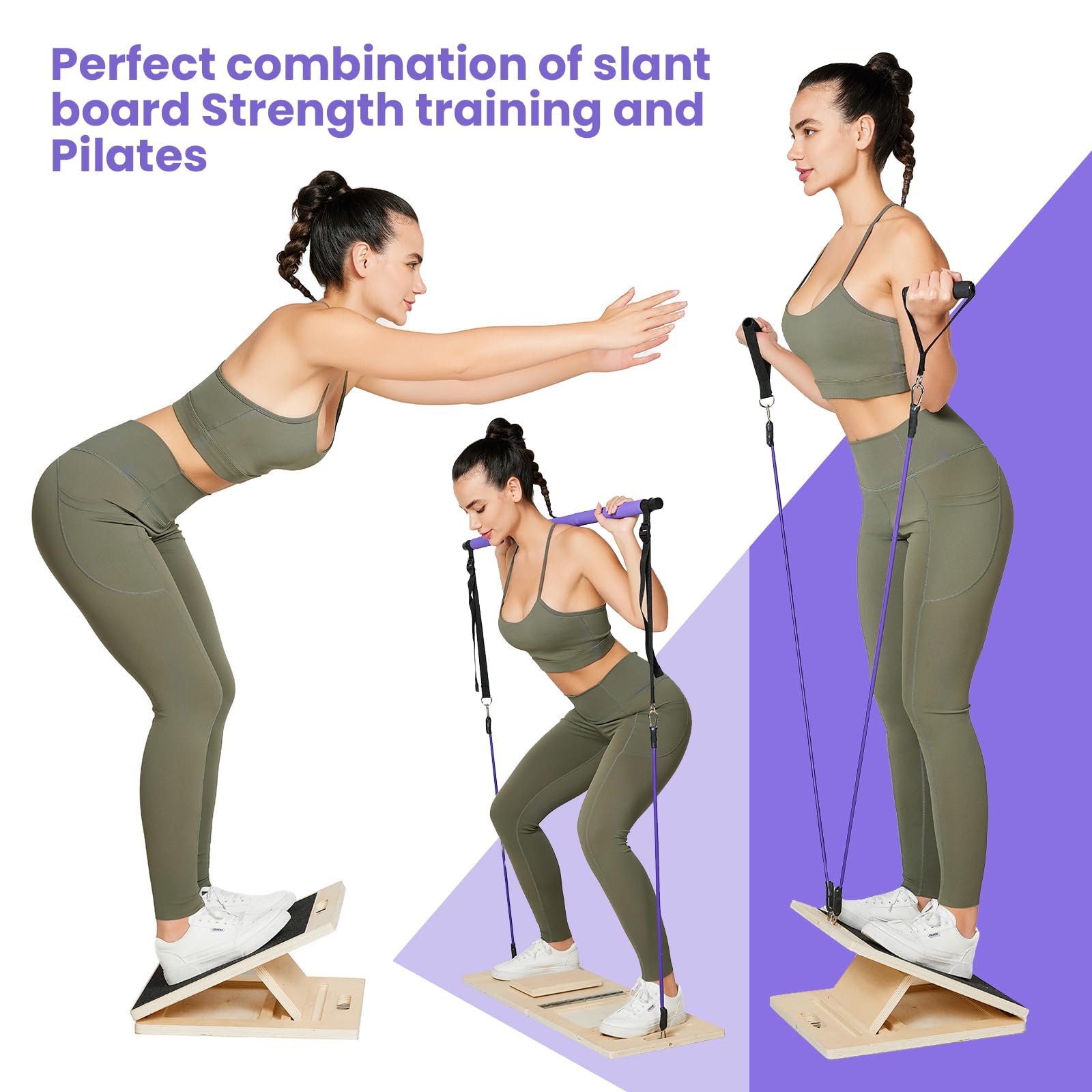 Professional Wooden Slant Board, Adjustable Incline Board and Calf Stretcher, Stretch Board,Multifunctional Yoga Pilates Bar Kit with Adjustment Buckle and Resistance Bands,Home Gym Resistance Bar Kit