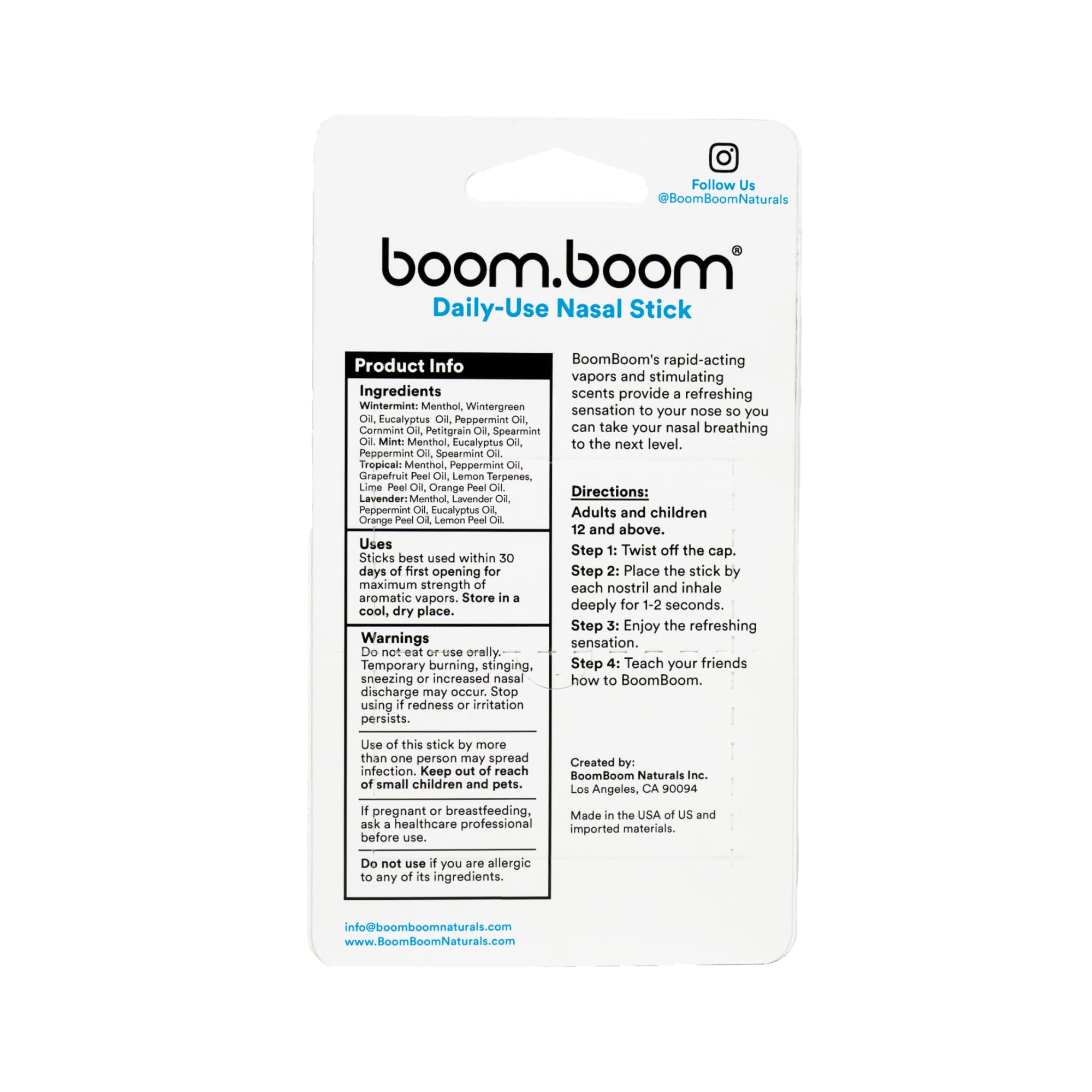 BoomBoom Nasal Stick (4 Pack) | Boosts Focus + Enhances Breathing | Provides Fresh Cooling Sensation | Aromatherapy Inhaler Made with Essential Oils + Menthol (Mint, Wintermint, Tropical, Lavender)
