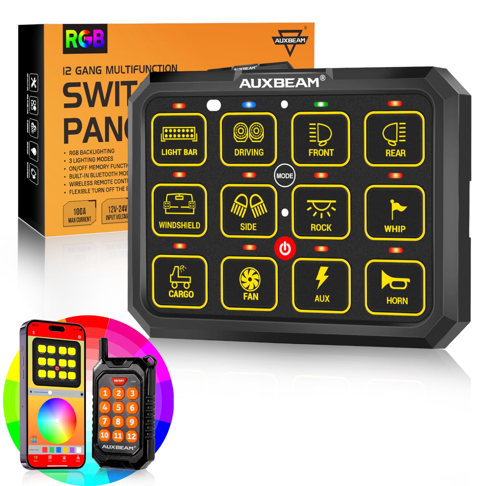 Auxbeam 12 Gang Switch Panel Bluetooth RGB AC-1200 with APP&Remote Control Toggle Momentary Pulsed Switch Pod Off Backlight for Truck Offroad 12-24V Waterproof 2 Years Warranty (Patent Registering)