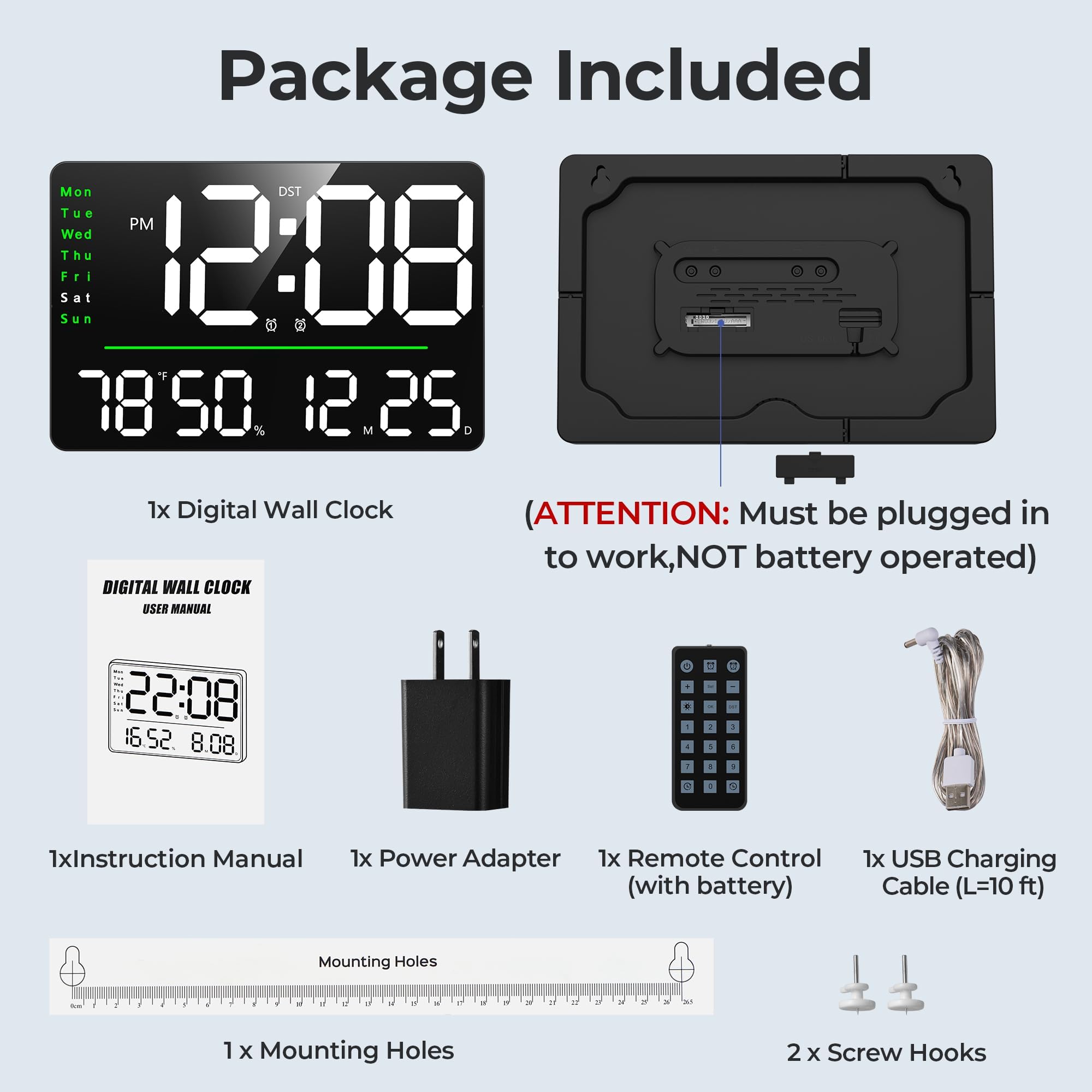 GOLOZA 16" Large Digital Wall Clock with Remote Control, DST, Stopwatch, Timer, Auto/Custom Dimmer, Temp, Humidity, Dual Alarms, Mounted, Room Dรฉcor for Living Room/Gym/Garage, Gift for Elderly