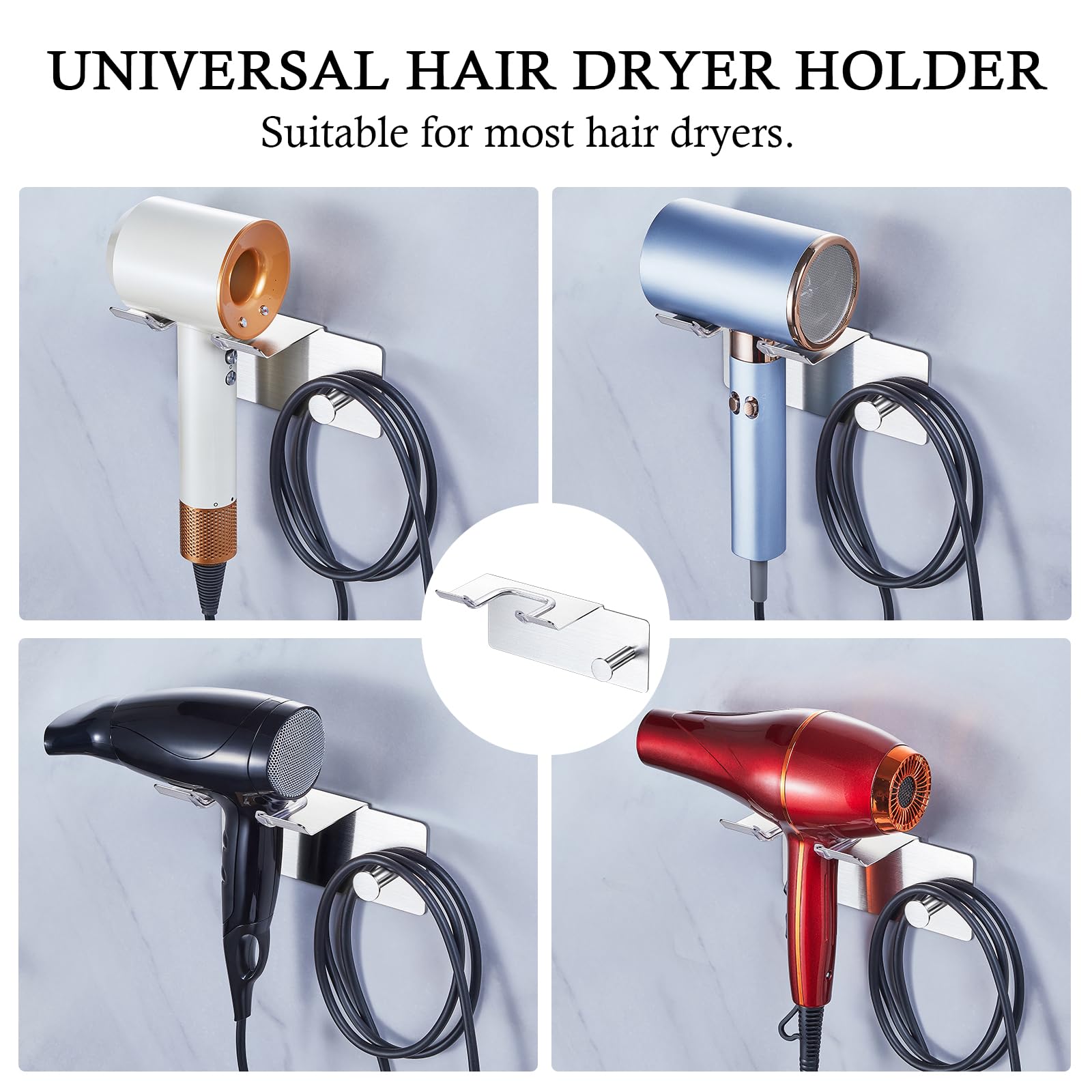 Hair Dryer Holder Wall Mounted, Blow Dryer Holder, Adhesive Hairdryer Holder for Bathroom, Hair Tool Organizer for Blowdryer Storage, Stainless Steel Hairdryer Organizer Blow Dryer Wall Hanger Stand