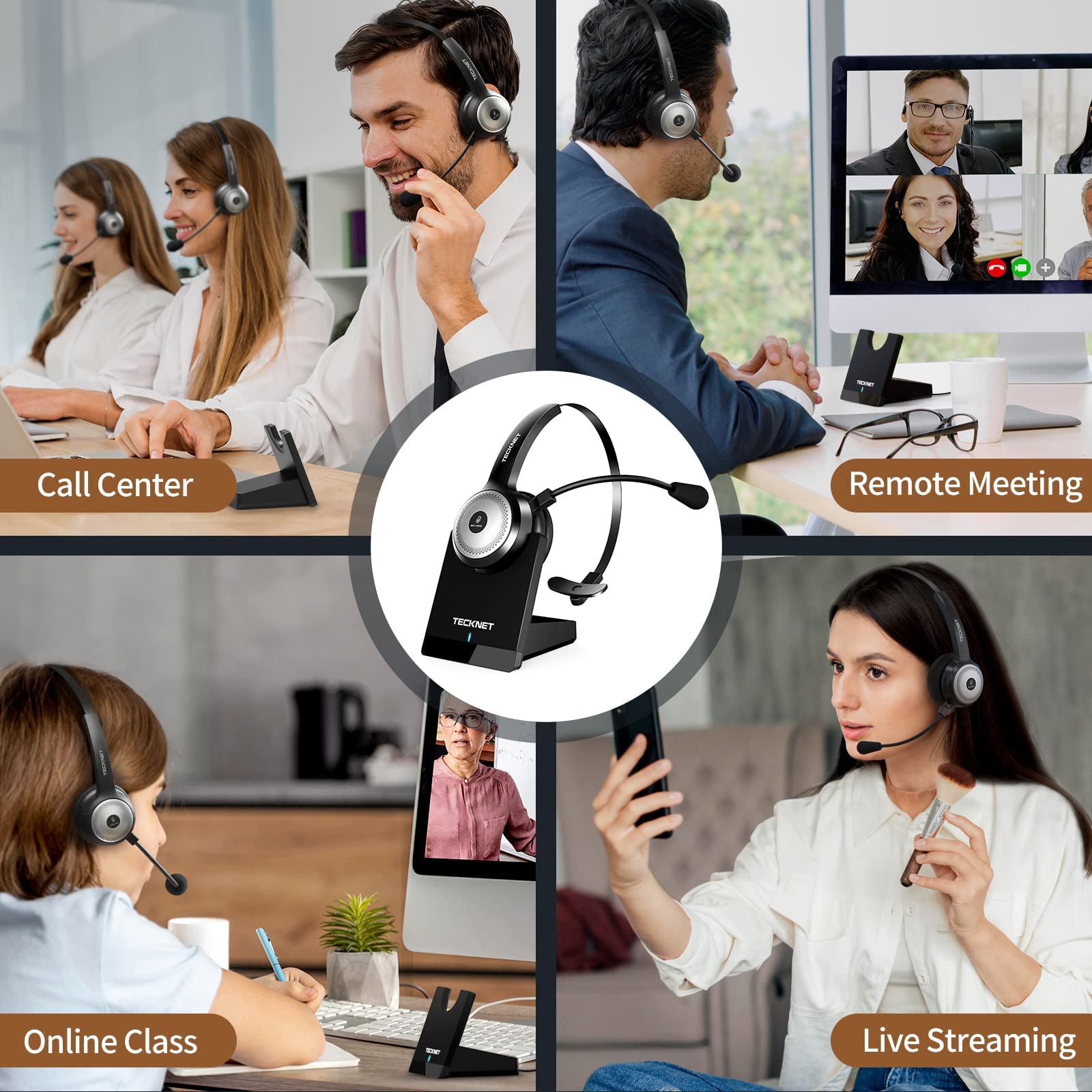 TECKNET Bluetooth 5.0 Headset with Microphone for PC, USB Wireless Headset with Mic for Work, 40Hrs Worktime AI Noise Cancelling On Ear Bluetooth Headphones with Charging Base for Laptop/Call Center