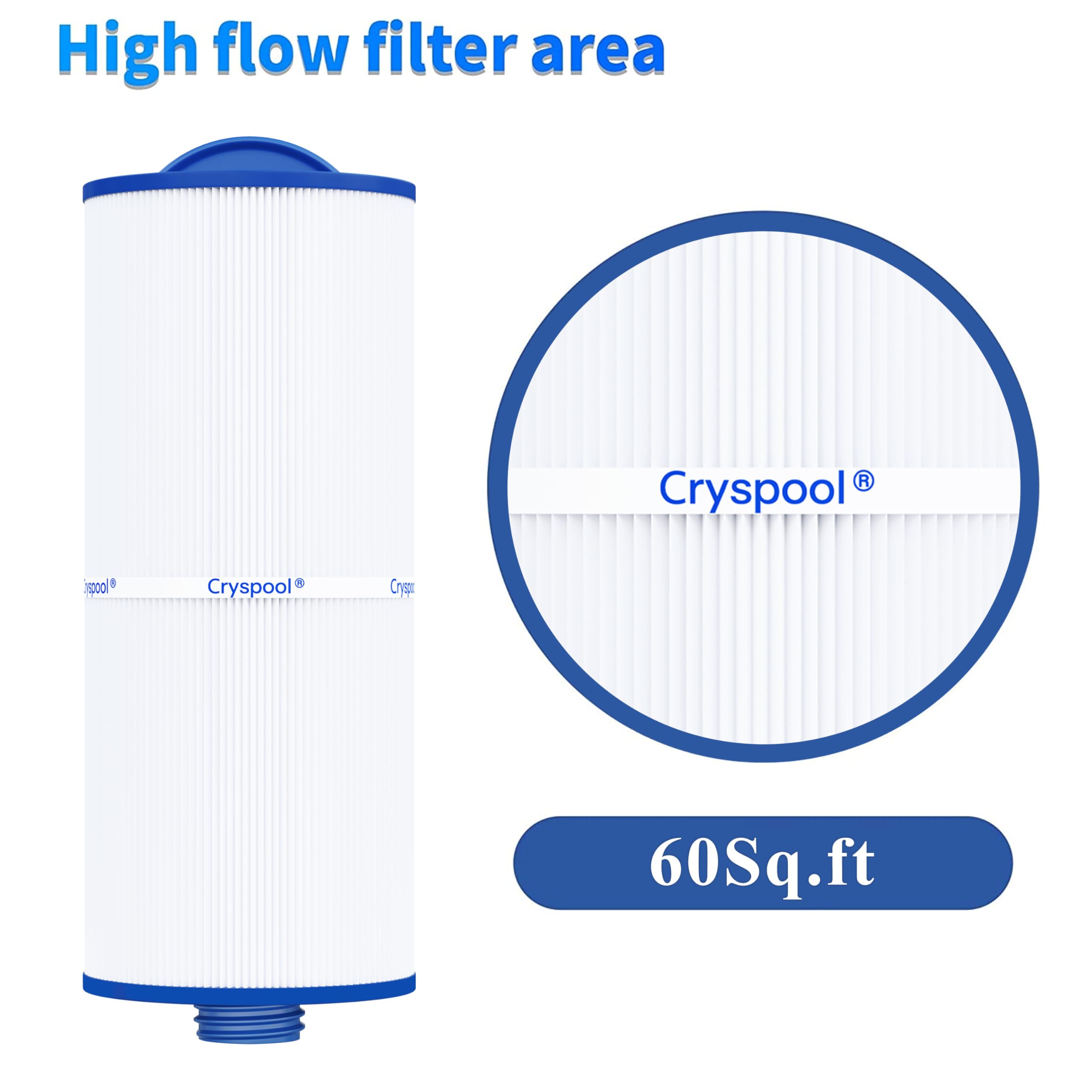 Cryspool® 06046 Filter Compatible with J-300, J400, 6CH-960, FC-2800, PJW60TL-F2S, Premium, Closed Handle(Not Removable Tops), 60 Sq. Ft Spa Filter Cartridge, 2 Pack