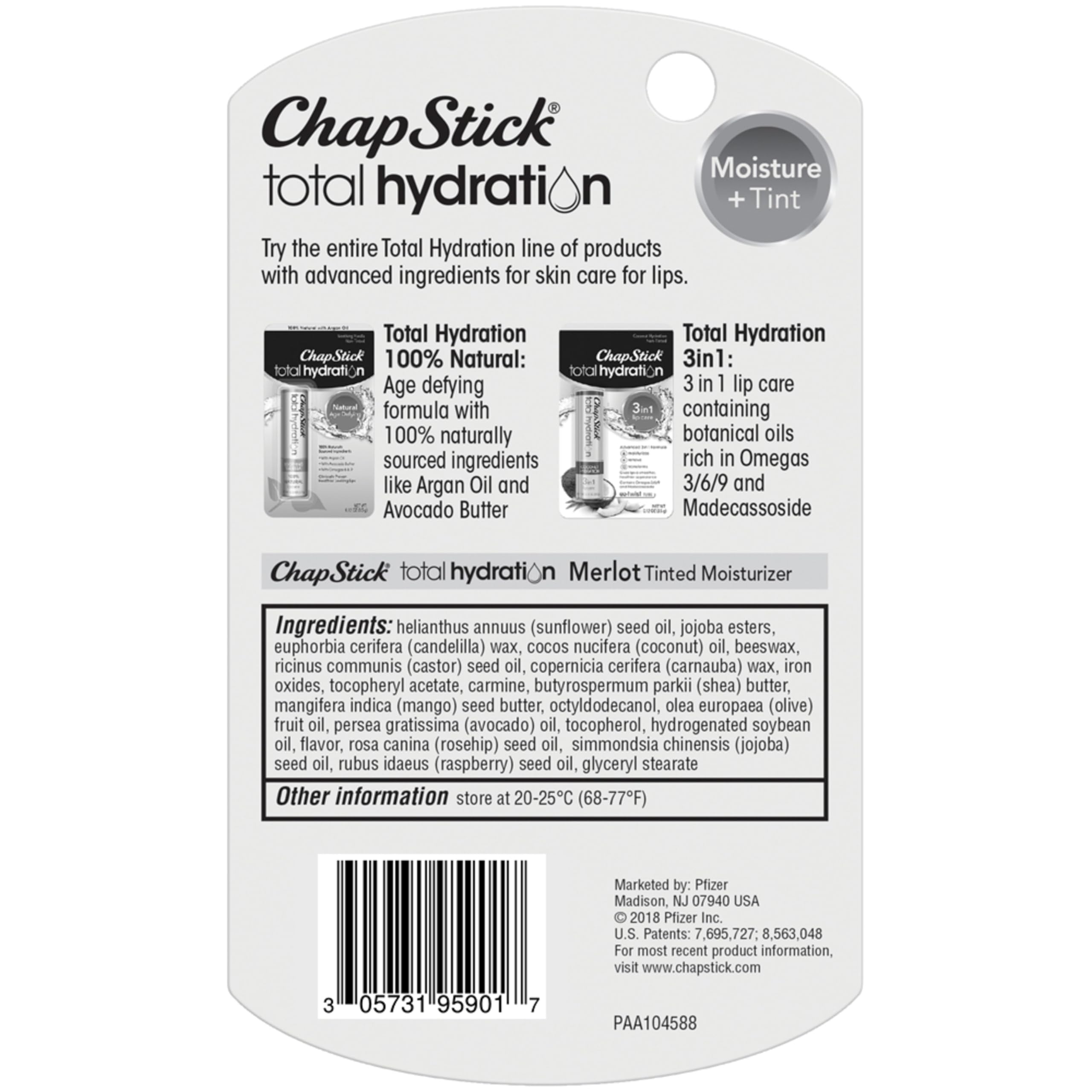 ChapStick Total Hydration Moisture + Tint Merlot Tinted Lip Balm Tube, Merlot Tinted ChapStick for Lip Care - .12 Oz