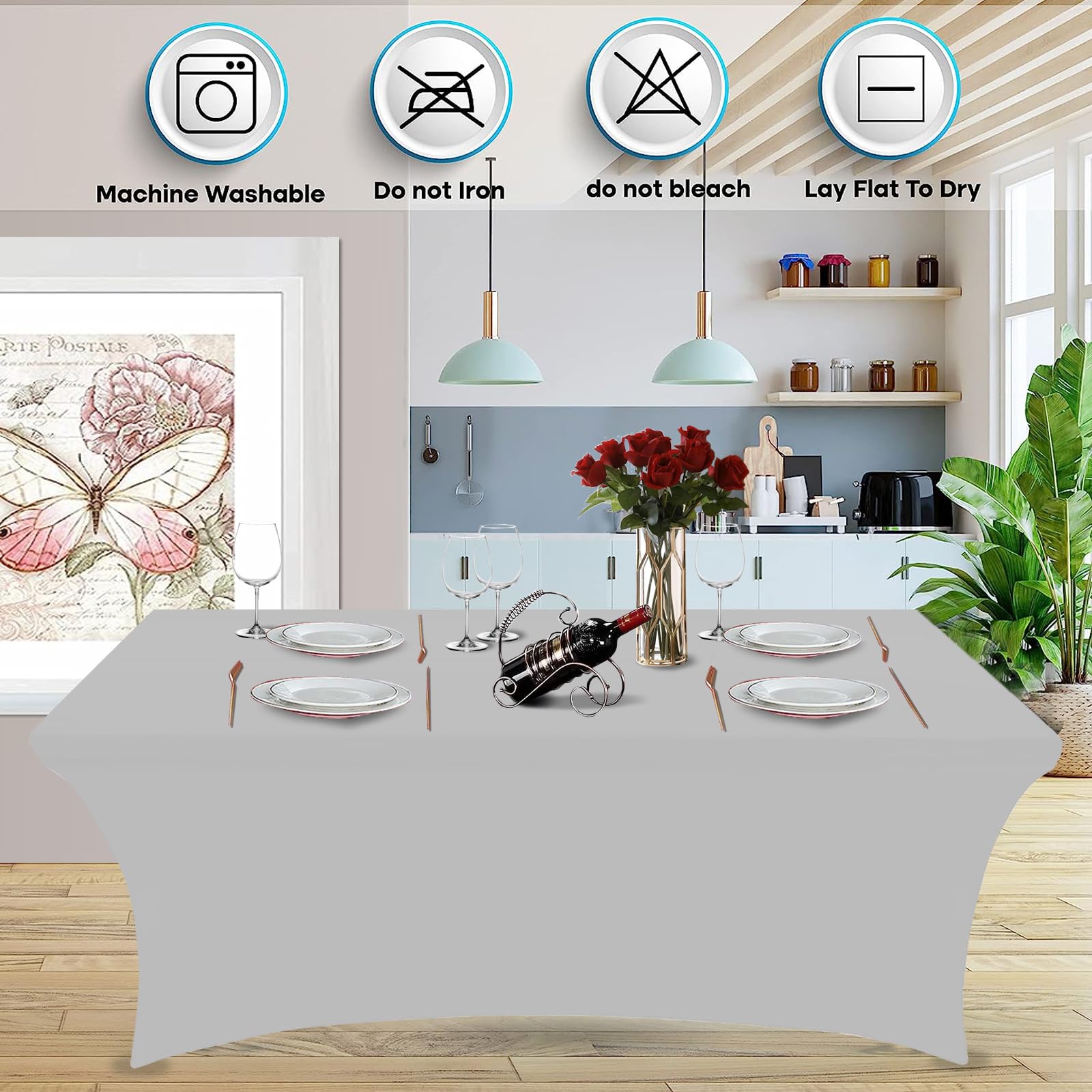 Hussome 2 Pack 4FT Table Cloth for Rectangle Table Grey Tablecloth Rectangular Fitted Stretch Spandex Table Covers 4 ft for Birthday, Cocktail, Wedding, Banquet Spring Summer Outdoor Party