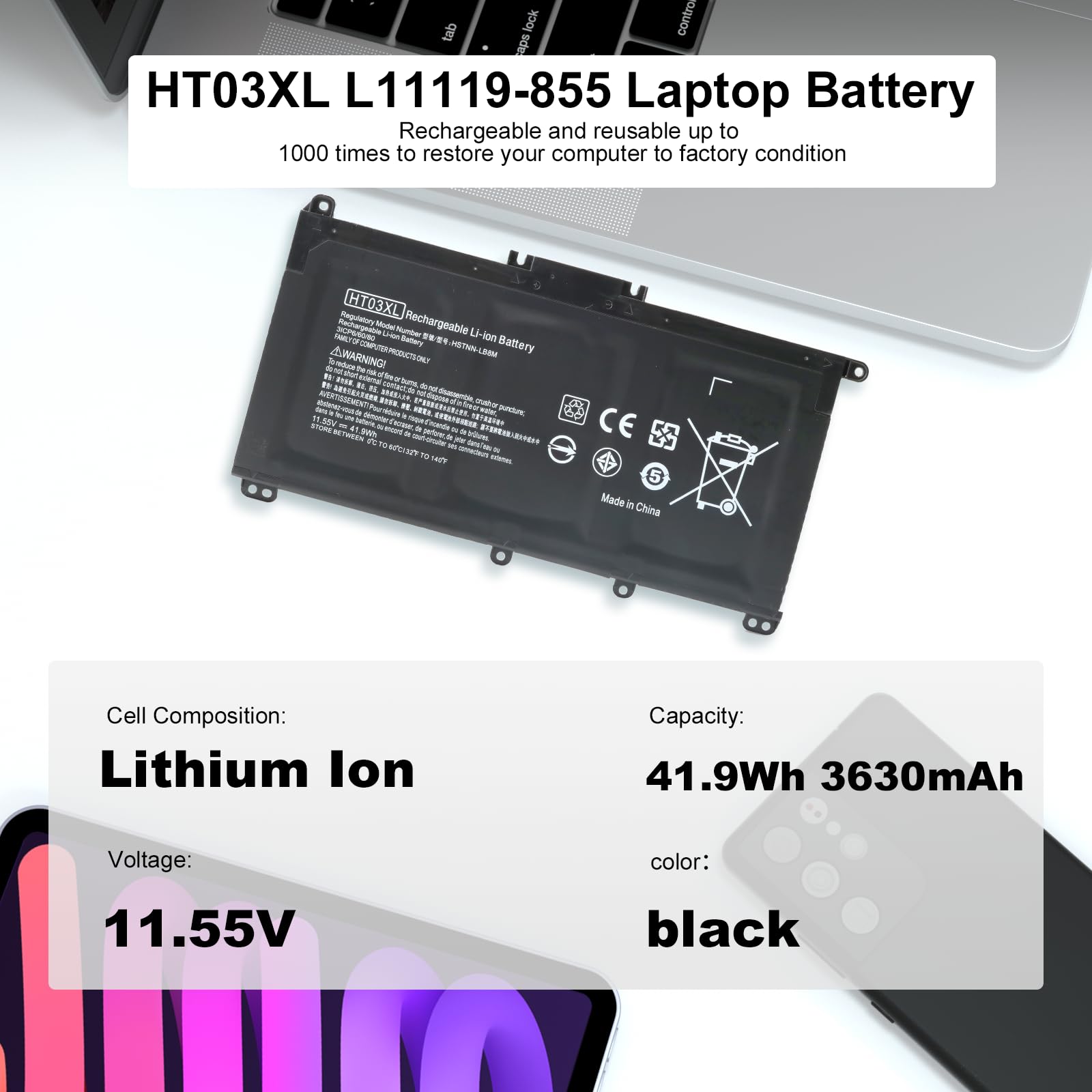 Zosam L11119-855 HT03XL Laptop Battery Replacement for HP Pavilion 14-CE 14-CF 14-DF 15-CS 15-DA 15-DB 15-DW 17-by 17-CA Series 14M-DH0003DX 14M-DH1003DX 15T-DA000 15T-CS200 15-CW1XXX 15T-CS300