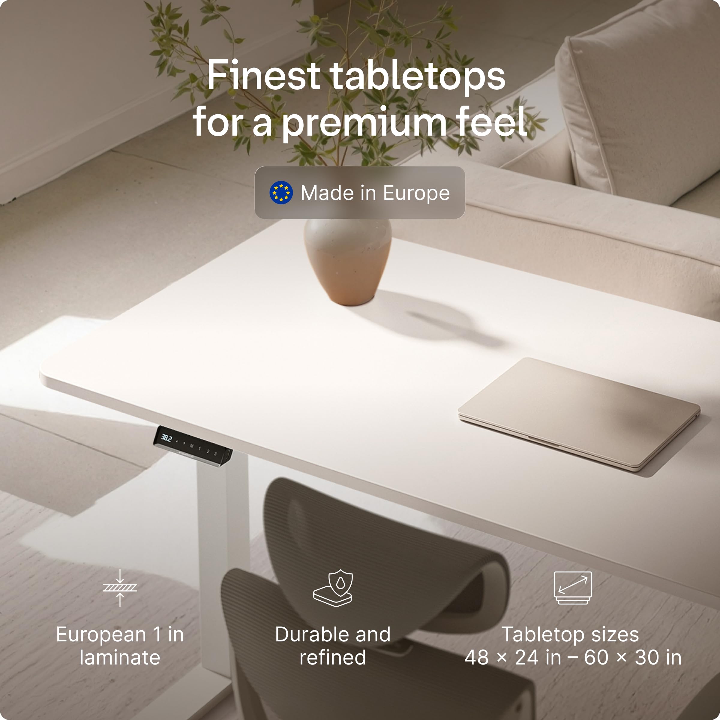 Desktronic HomeOne Standing Desk 48x24 — Ergonomic Sit Stand Home Office Desk, Made in Europe, Electric Dual Motor Height Adjustable, USB & USB-C Charging, Wobble-Free, Touchscreen, 3 Memory Presets