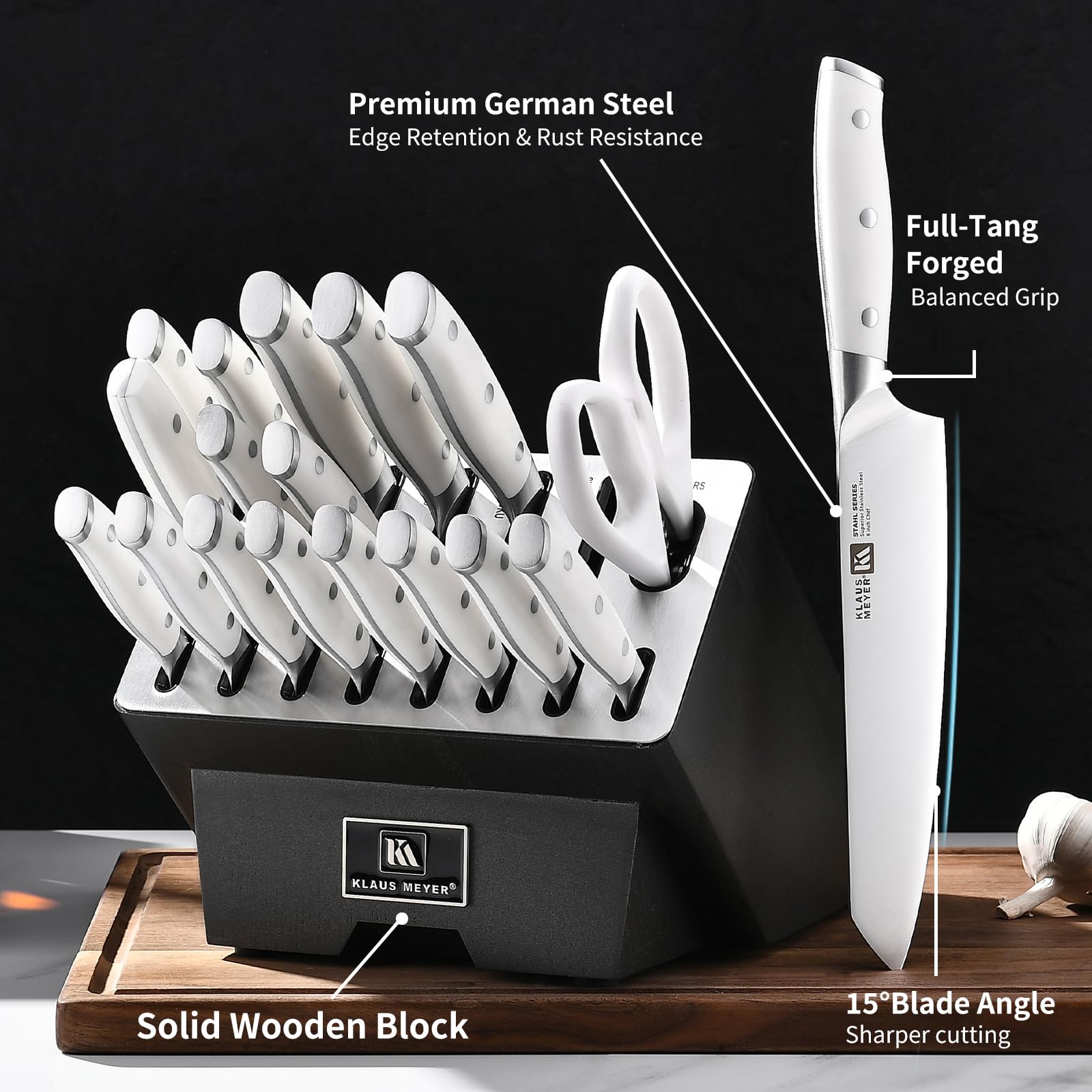 Klaus Meyer 19-Piece Knife Block Set, High Carbon German Stainless Steel (Stahl), Full-Tang Handles with Sharpener, White