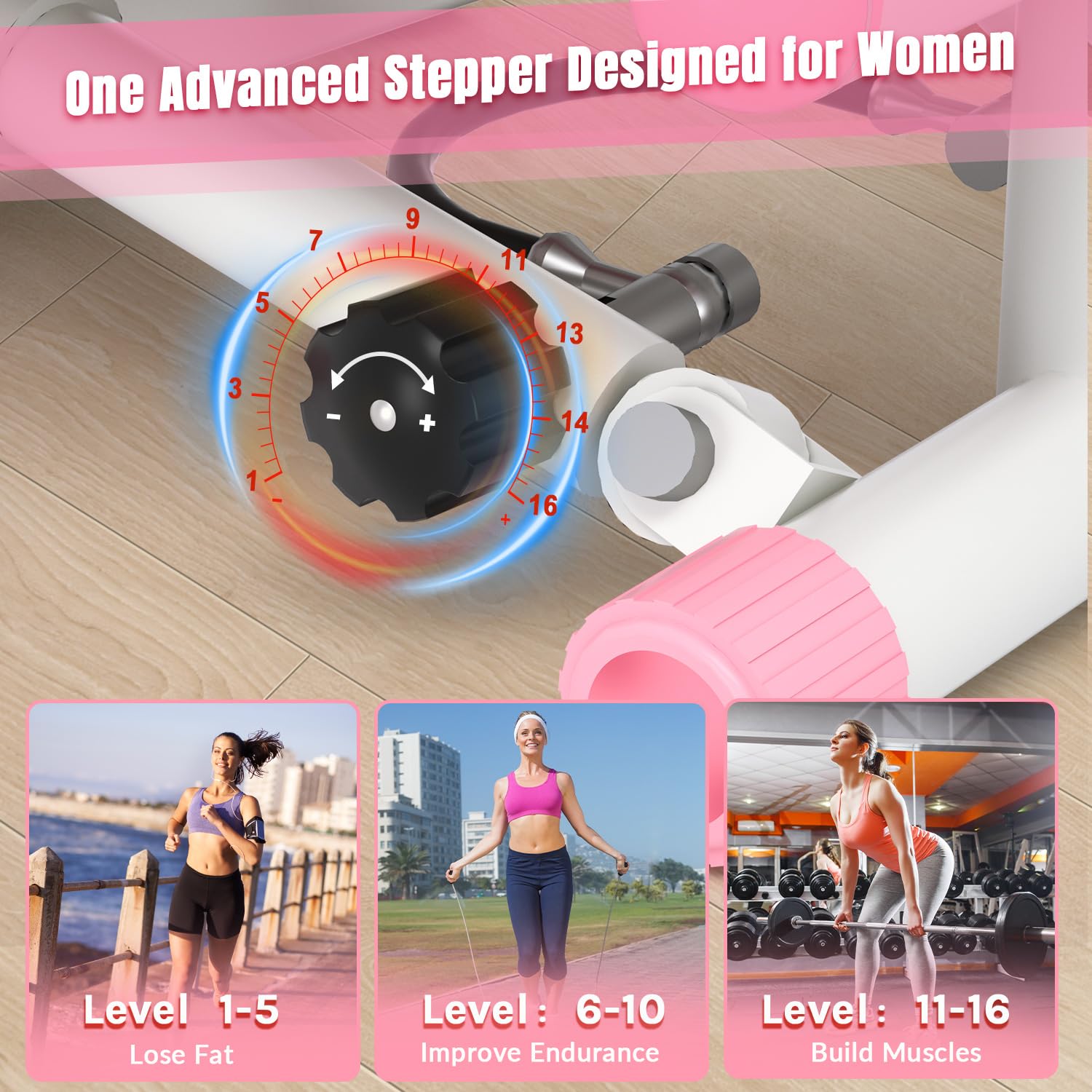 VitalLeap Steppers for Exercise at Home, Adjustable Resistance Stair Steppers for Women with Arm Training Bands, 10DB Super Quiet Mini Steppers with 350LBS Loading Bearing Home Fitness Equipment