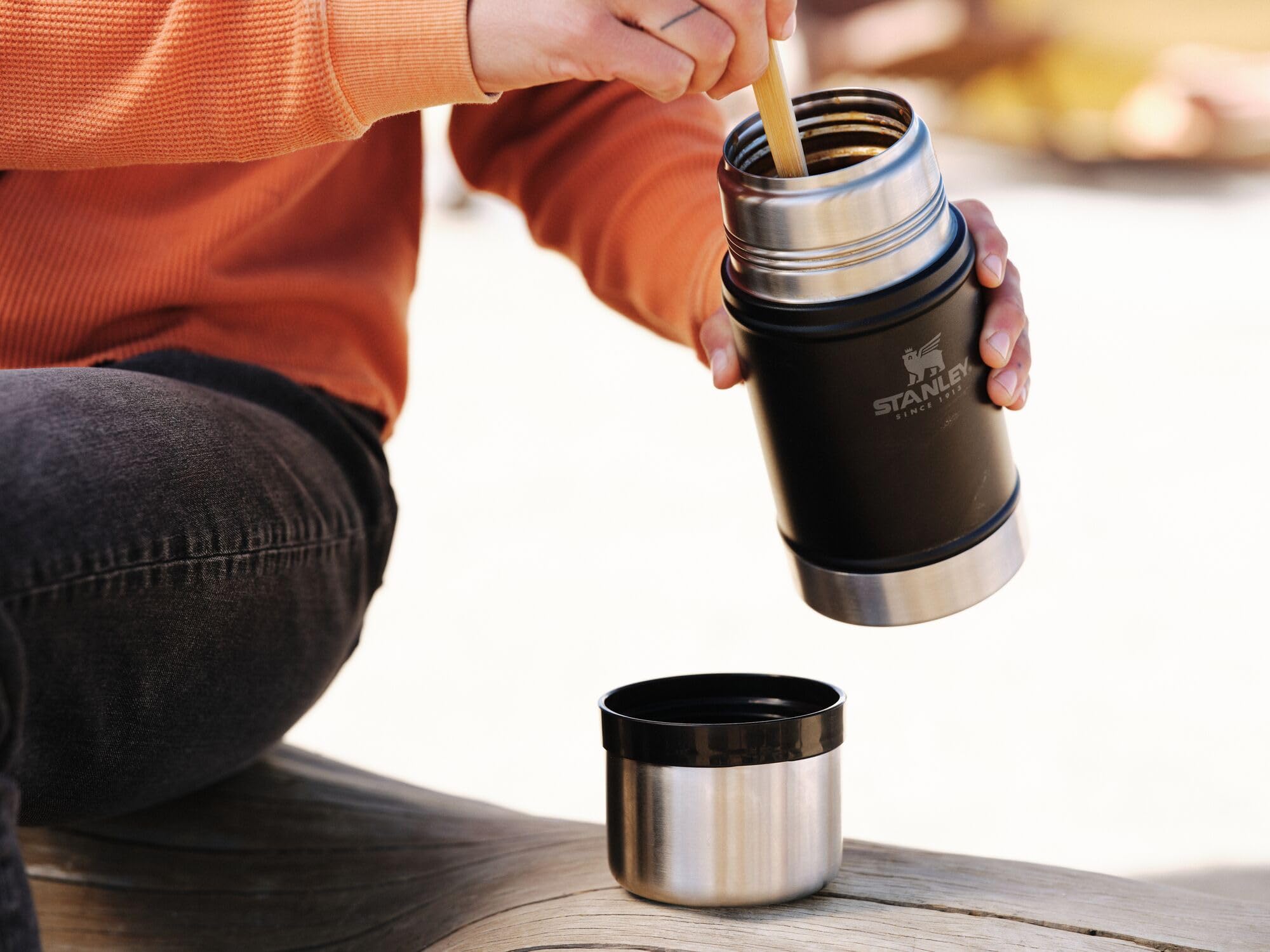 Stanley Vacuum Insulated Large Food Jar, 18/8 Stainless Steel Food Jar for Cold and Hot Food, Soup Thermos with Leak Proof Lid Doubles as Cup, Wide Mouth Food Thermos, Matte Black, 24oz