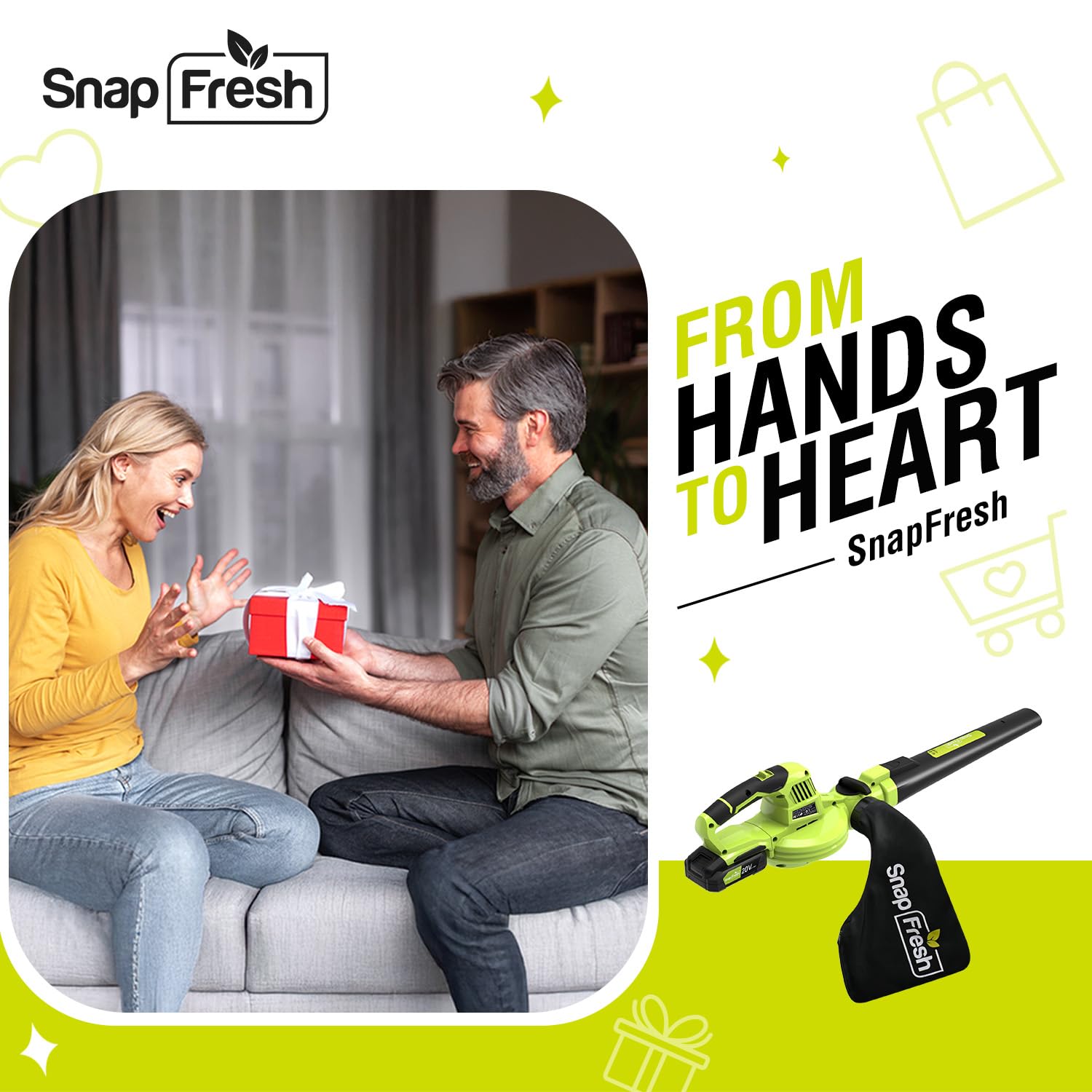 SnapFresh Cordless Blower & Vacuum - 2 in 1 Electric Blower with 4.0Ah Lithium Battery & 2h Fast Charger, 20V Handheld Vacuum Sweeper with Bag for Small Trash, Car, Dust, Pet Hair, Corner Cleaning