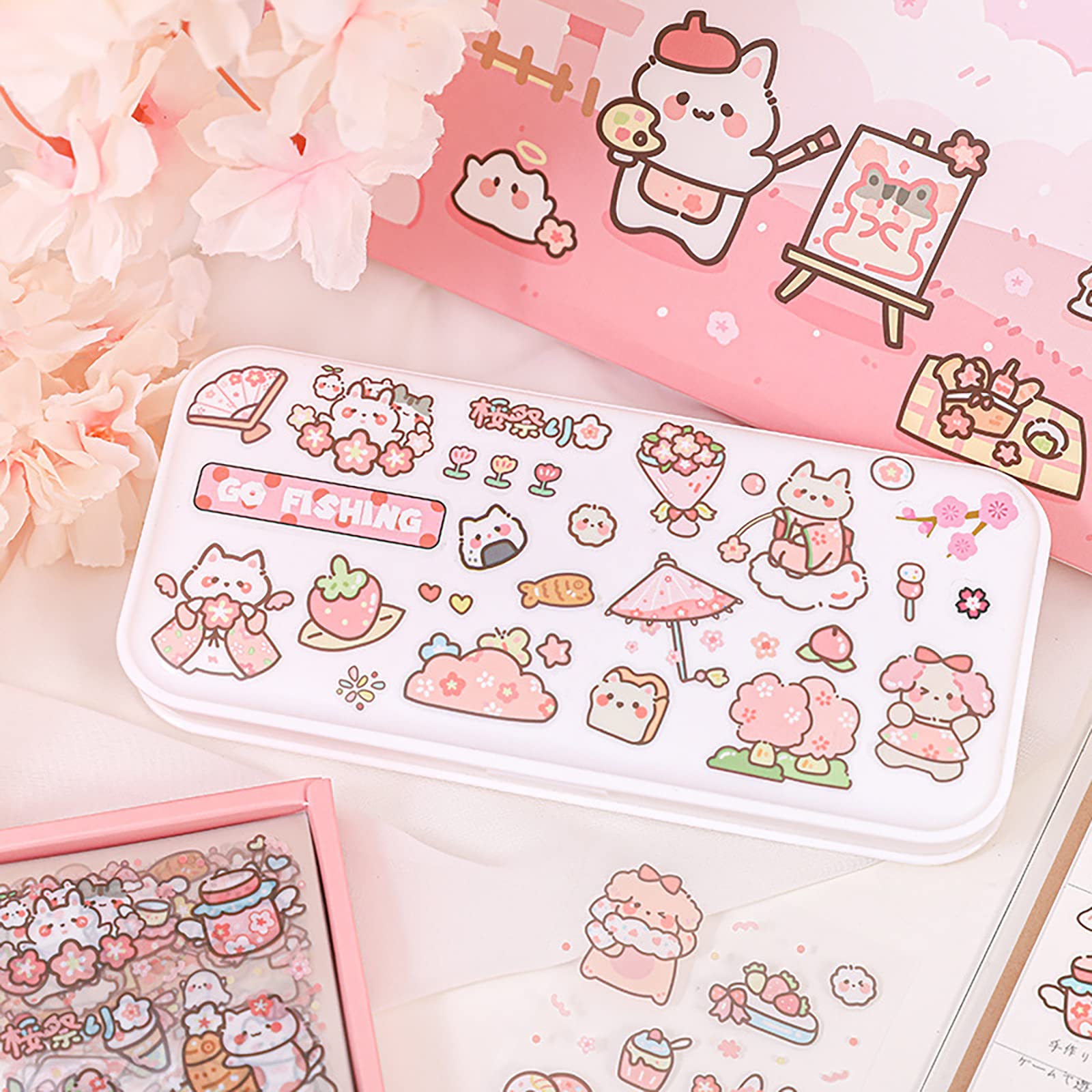 Doraking Waterproof Vinyl Transparent Flower Stickers, Kawaii Stickers for Notebook Laptop Scrapbook Journaling, 200 Sheets Cartoon Cute Stickers Boxed Gifts for Kids Teens Girls Boys
