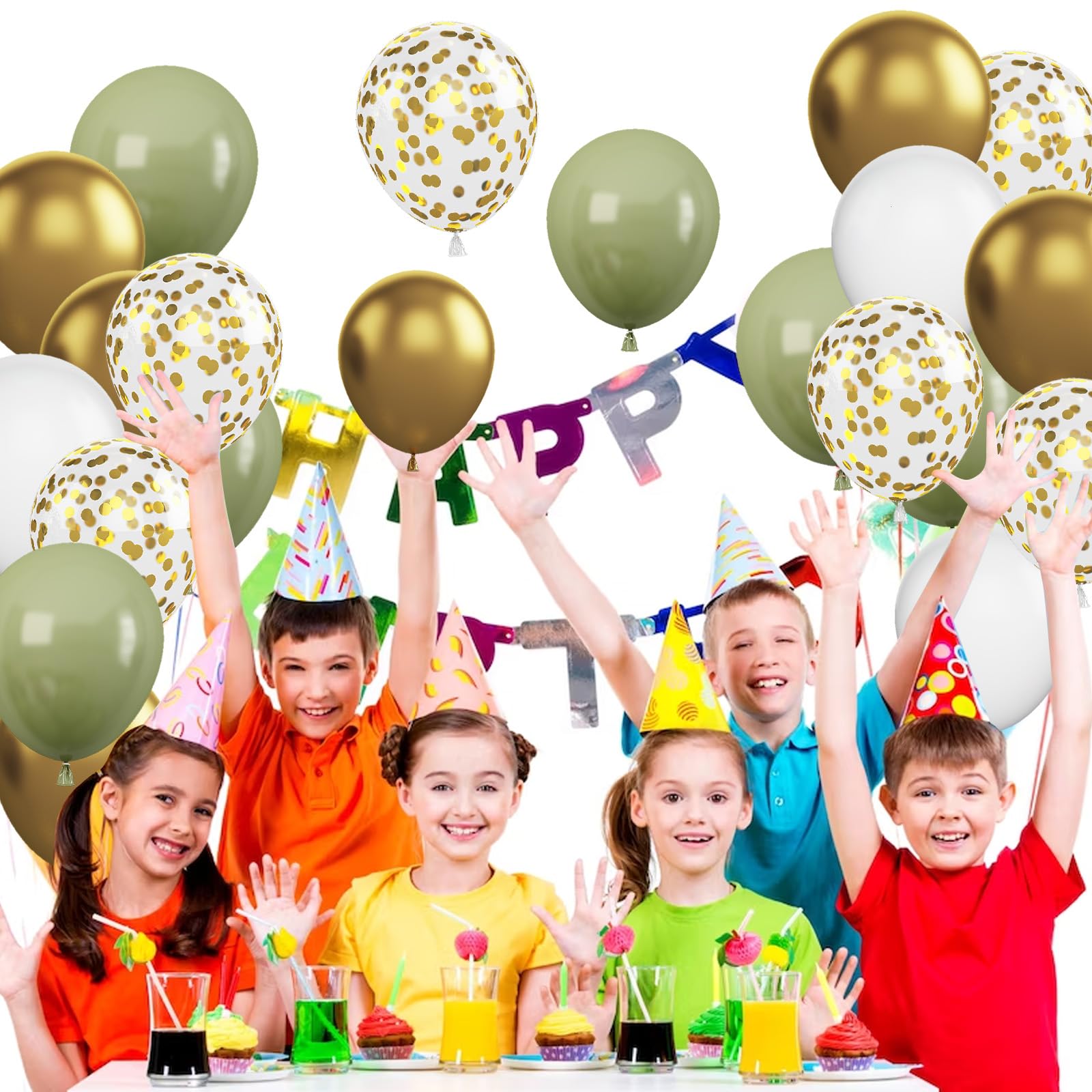 Cudory Sage Green Balloons Set, 60 Count, 12 Inch, Metallic Gold & Matte White, Retro Avocado Green & Confetti Gold, For Birthday Party, Baby Shower, Wedding Decoration
