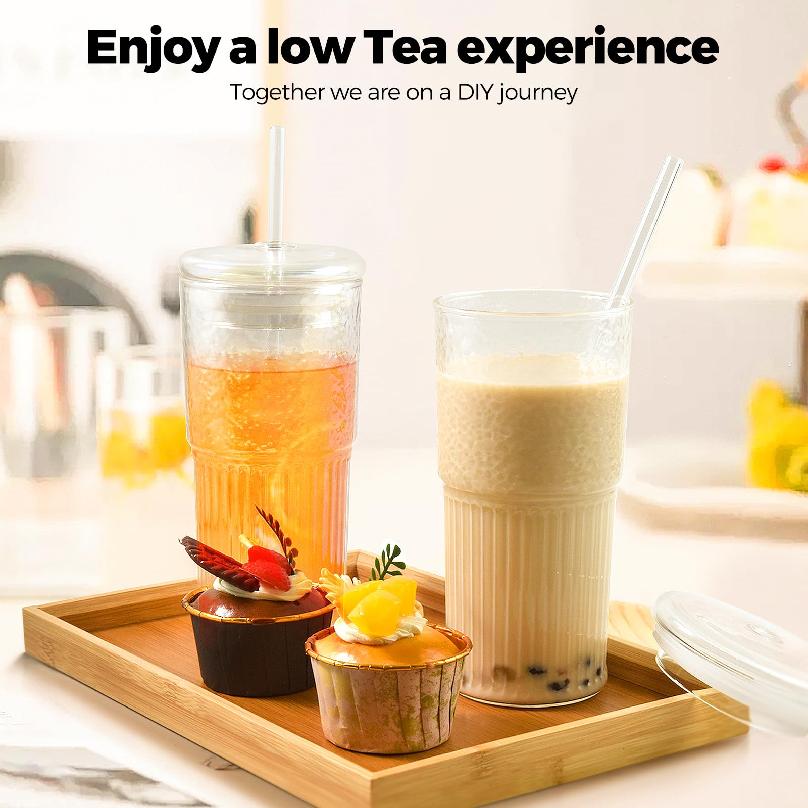 2PCS Glass Cups with Lids and Glass Straws, 20OZ Iced Coffee Cups, Home Essential and Coffee Bar Accessories Borosilicate Glass Tumblers with Lid and Straw for Beer, Cocktail, Tea and Latte, Clear