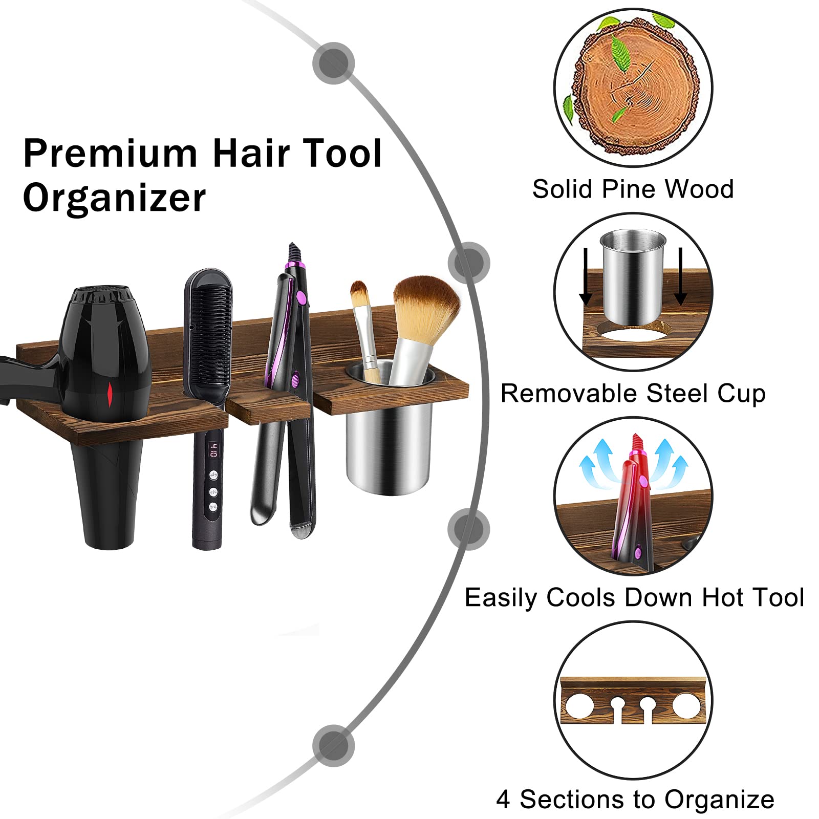 seashpea Hair Tool Organizer Wall Mounted - Wooden Dryer Holder, Blow Dryer Holder for Bathroom, Rustic Styling Tools Organizer for Flat Iron, Curling Wand, Hair Straighteners, Brushes, Brown